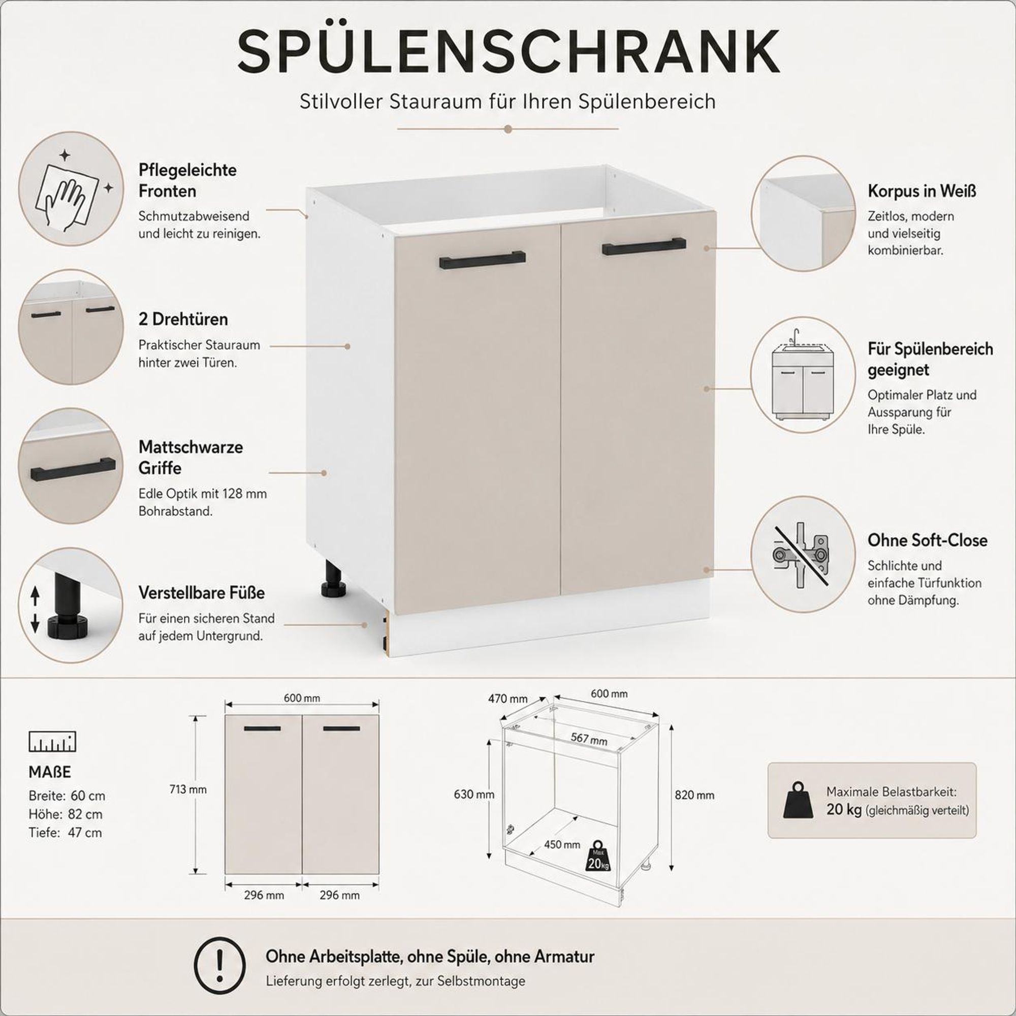 Spülenunterschrank 60 cm Kaschmir Beige: Technische Daten, Innenansicht & Skizze.