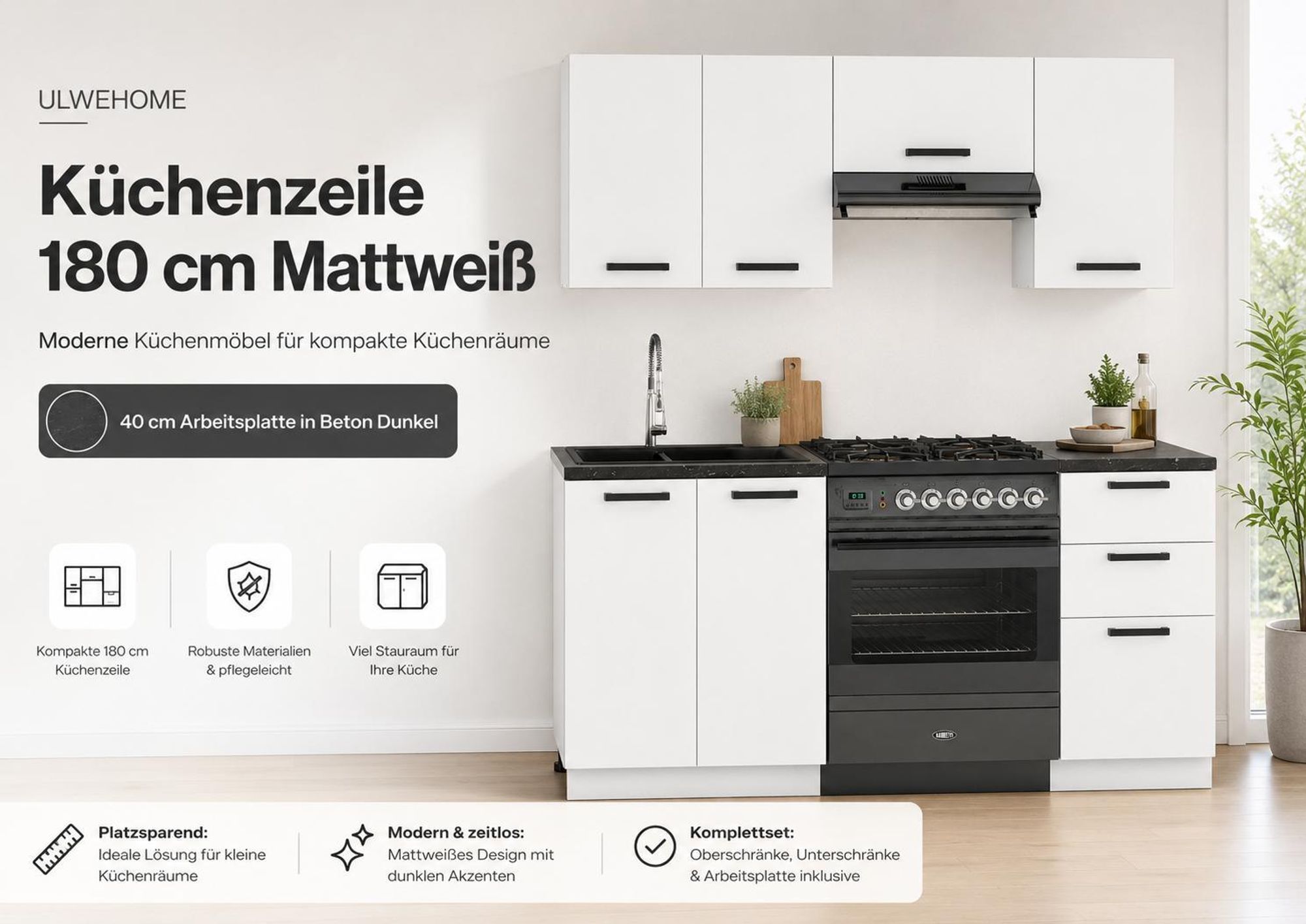 ULWEHOME Küchenzeile 180 cm in Mattweiß mit Schränken und 40 cm Arbeitsplatte.