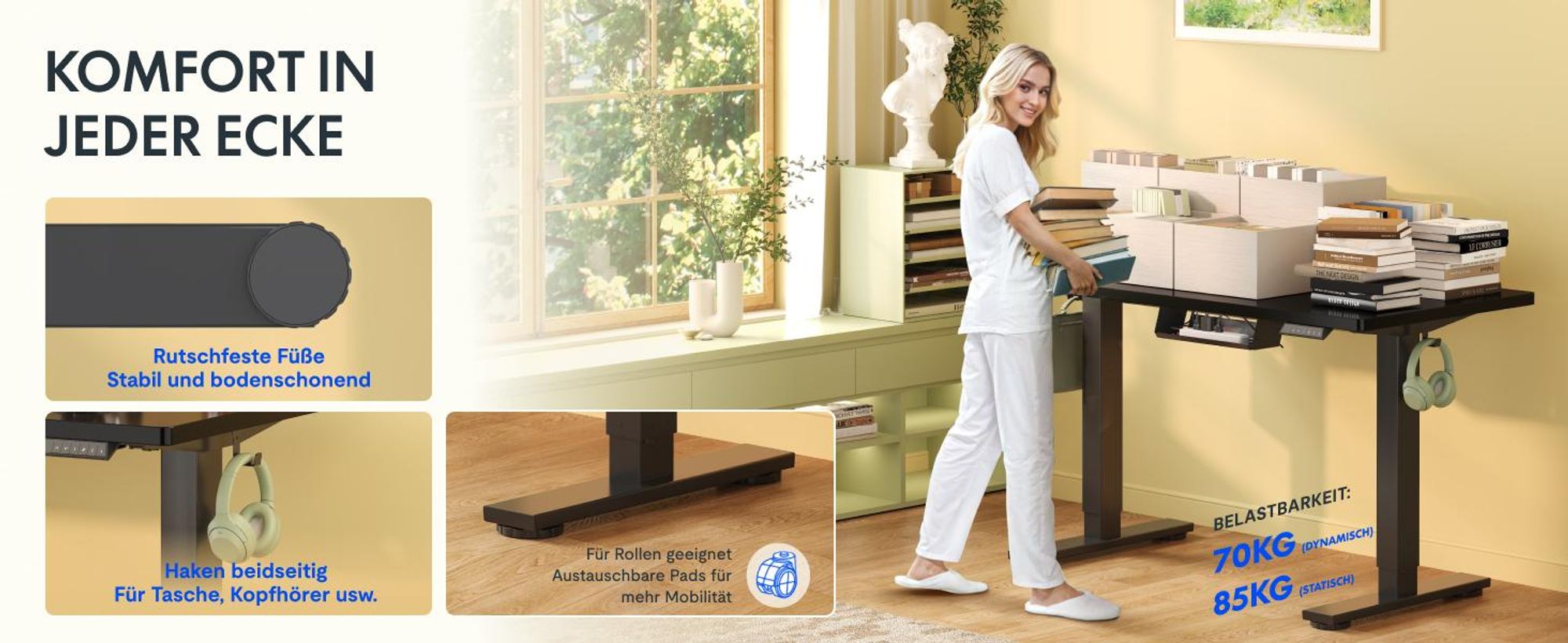 FLEXISPOT EN1 Höhenverstellbarer Schreibtisch 100x60cm elektrisch mit einteiliger Tischplatte, Kabelmanagement und Haken, 4 Memory-Funktion (Schwarz)