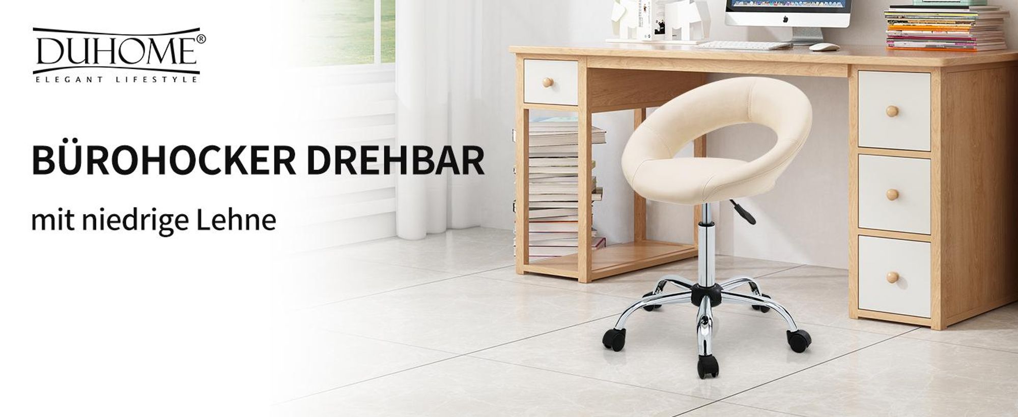 Duhome Rollhocker Drehhocker Schminkhocker Kunstleder Drehstuhl mit Lehne Bürohocker Höhenverstellbar, Creme