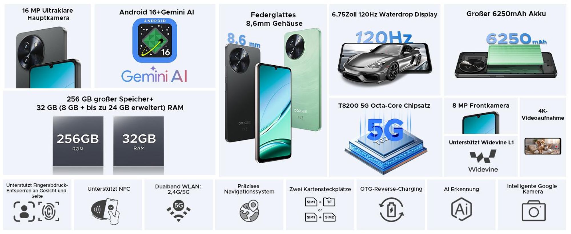 DOOGEE Note59 Pro Smartphone Handy, Android 16, 6,75" 120Hz, 6250mAh Akku, 32GB+256GB, 5G, 16MP, NFC, Fingerabdruck, ohne Vertrag
