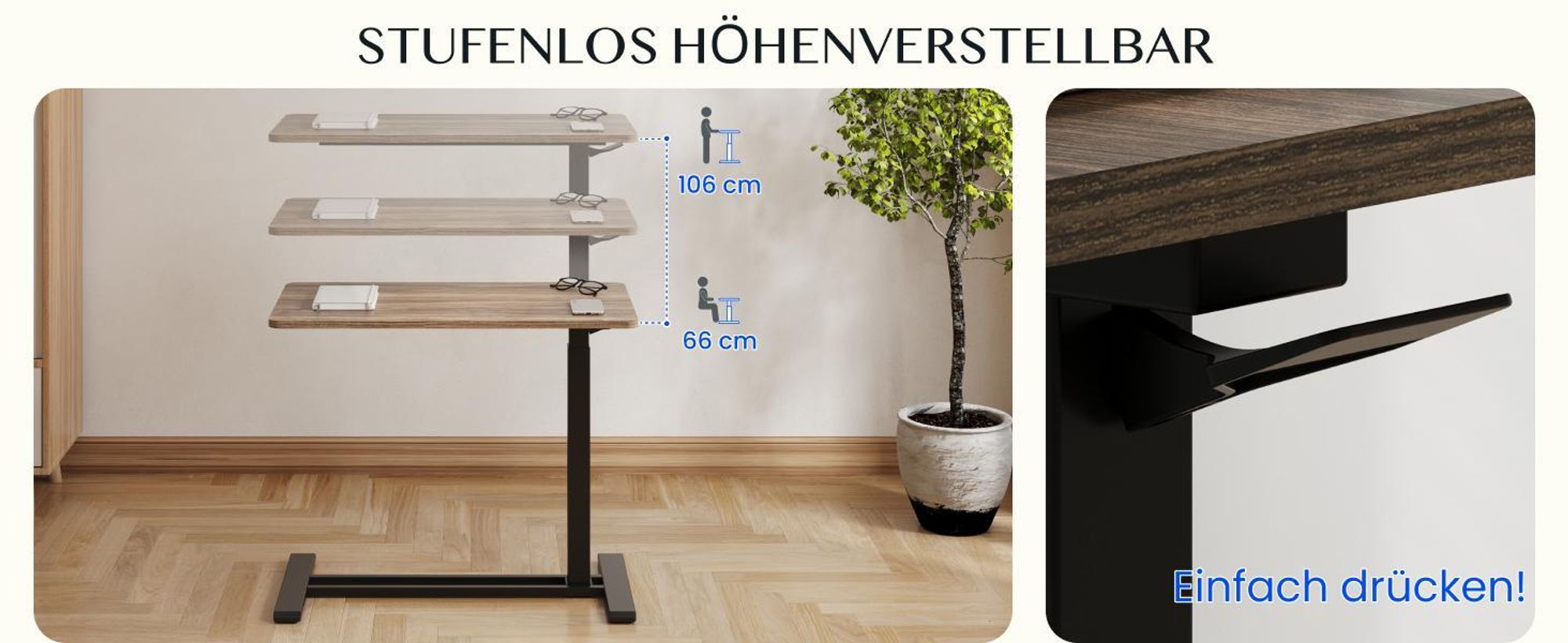 FLEXISPOT Beistelltisch Höhenverstellbar in C-Form, Laptoptisch mit Rollen, 66–106 cm, Nachttisch, für Bett und Sofa, Schwarz