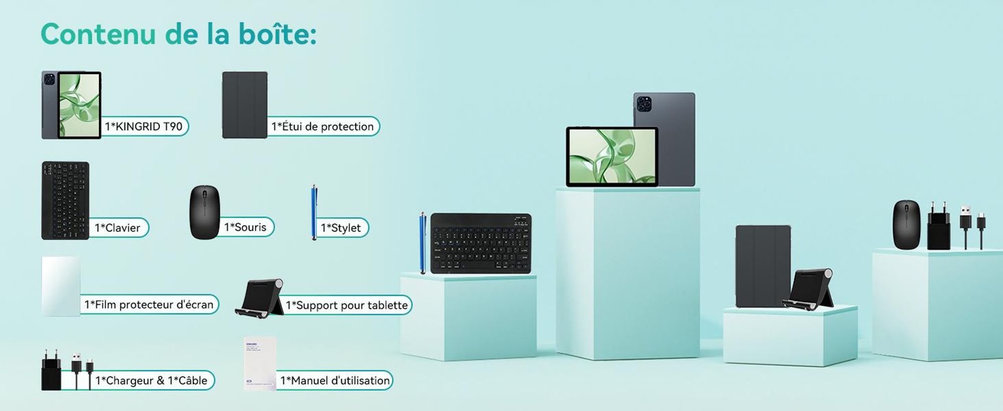 KINGRID T90 Tablet 11 pouces, Android 16,24GB(8+16)RAM+128GB ROM(2TB TF), 5G WiFi, stylet/souris/clavier, 8000mAh, 16MP+8MP, Widevine L1, Gemini AI Tablet