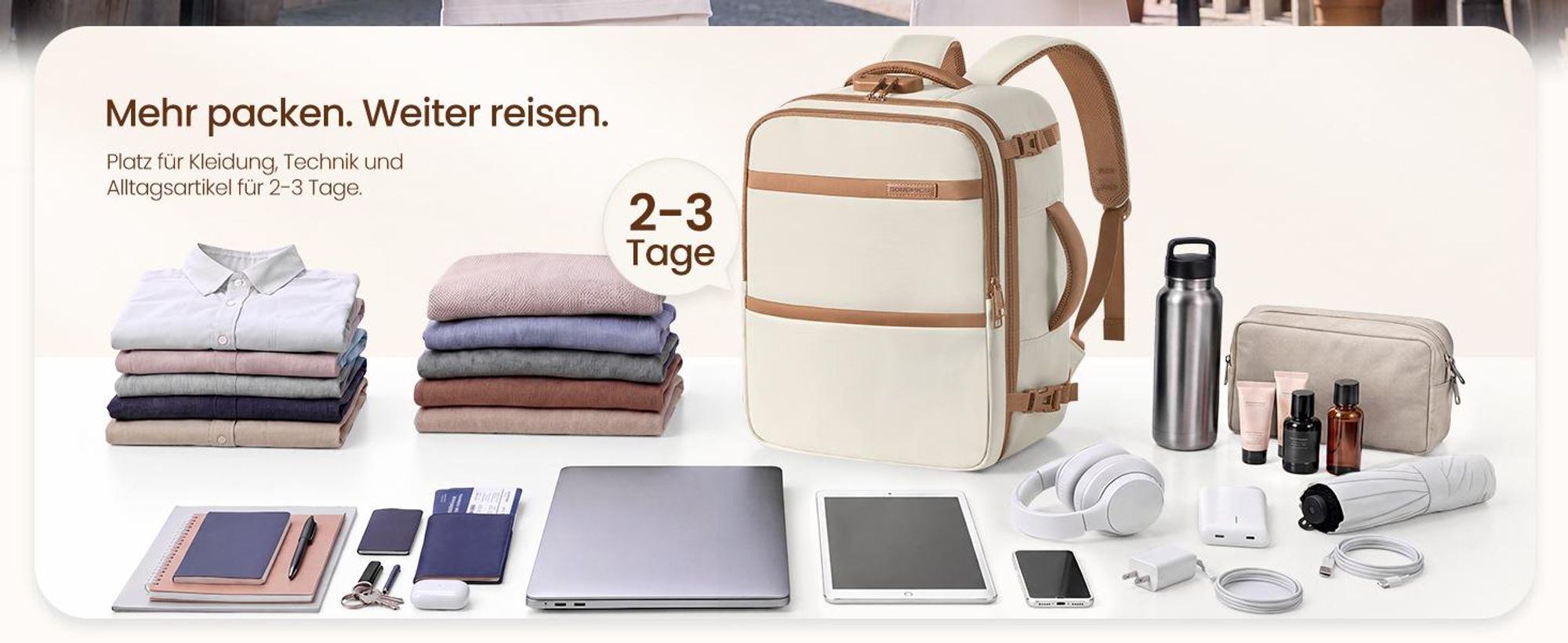 SONGMICS Handgepäck Rucksack für easyJet, Wasserdichter Reiserucksack mit 17,3 Zoll Laptopfach, 24 L, 40 x 30 x 20 cm, Warmweiß