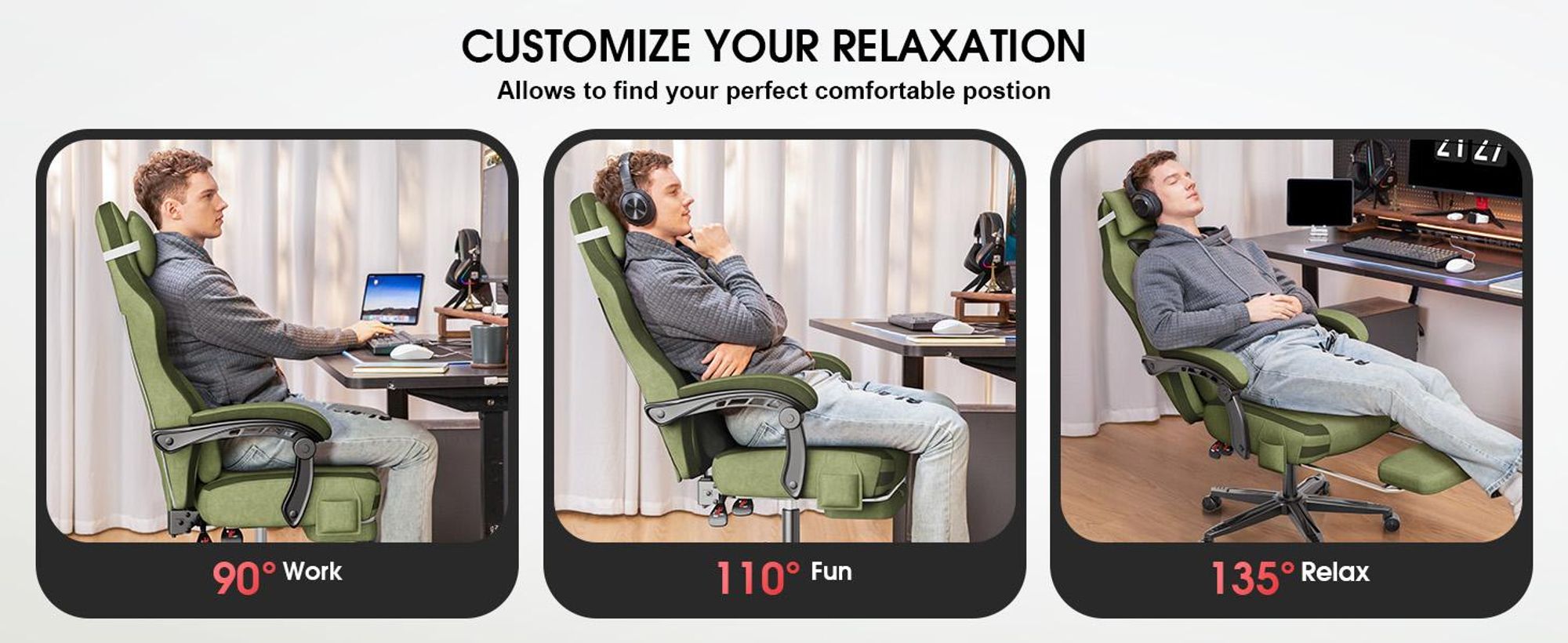 Douxlife GC-RC05 Gaming Stuhl Stoff Büro Computerstuhl mit Massage, Fußstütze & Lendenstütze, Ergonomisch, Metallbeine, 158kg Belastbar - Grün
