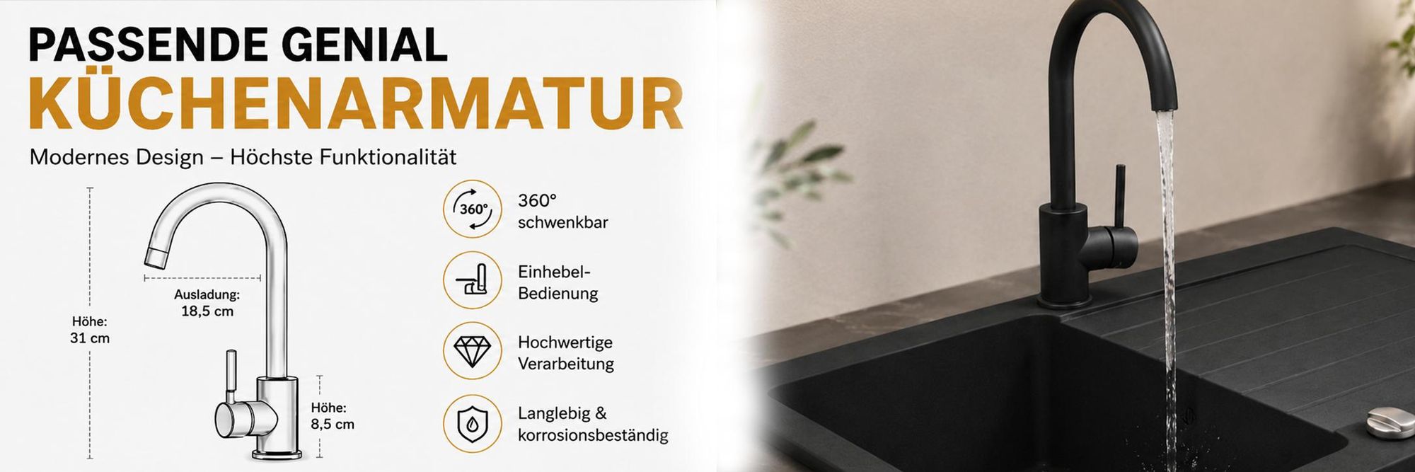 [Granitspüle 76x44 Schwarz]Hochwertig beidseitig Montierbar Küchenspüle Eckig Einbaugranitspüle Granit Spülbecken f. Unterschränke ab 45 cm inkl.Siphon Set