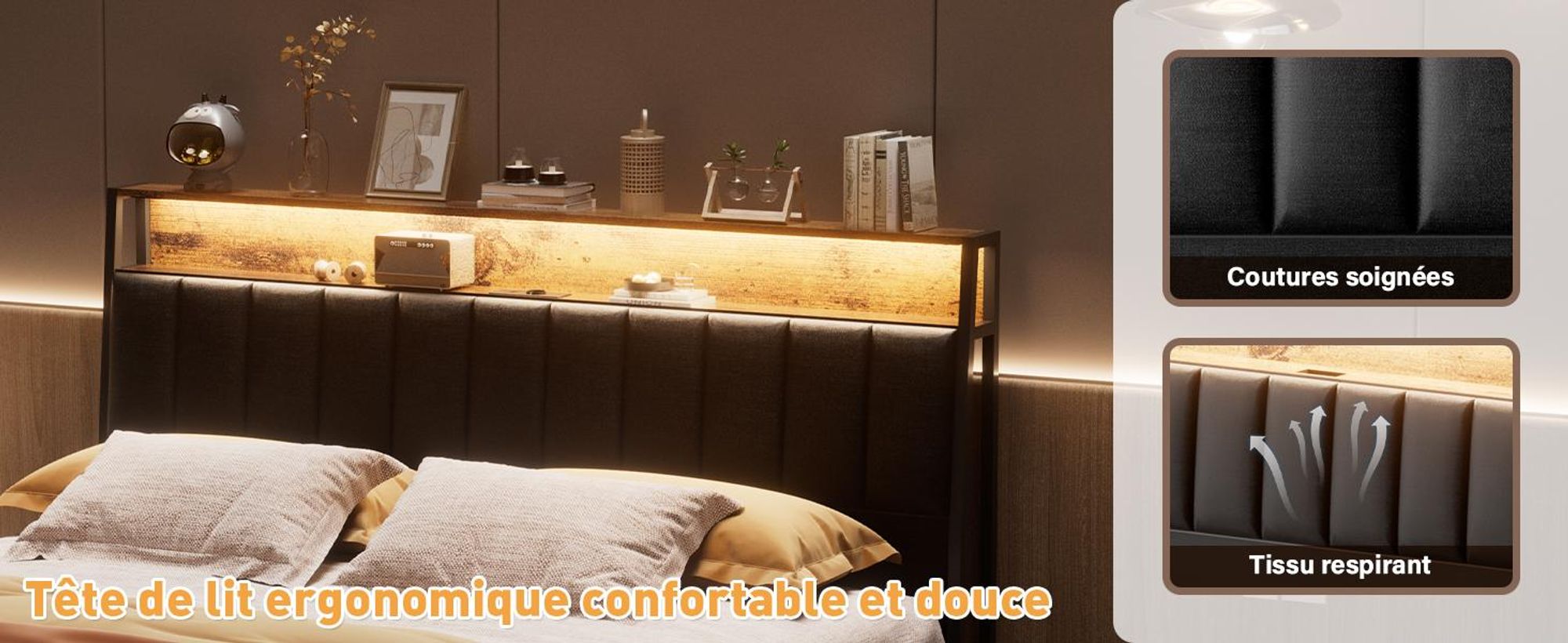 DEWINNER Cadre de lit 160 x 200 avec Sommier en métal, lit 2 Personnes, avec lumières LED et Prises Multiples (1 Prise AC, 2 Ports USB), avec casier