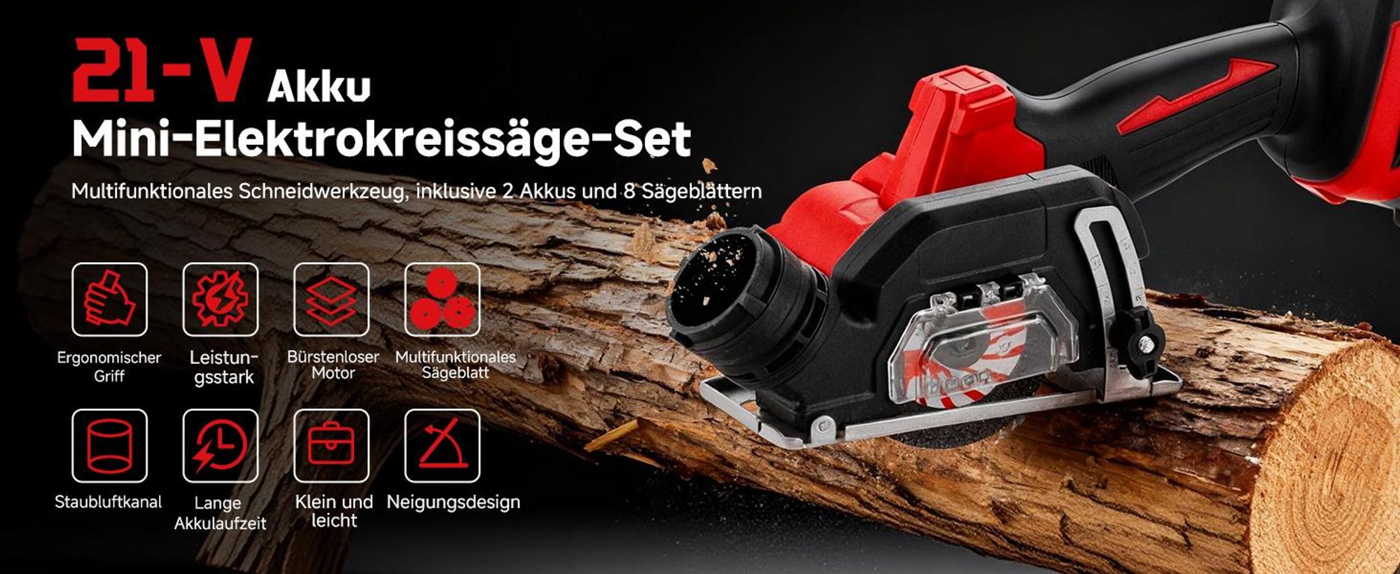 TEENO Akku-Mini-Handkreissäge, Akku Handkreissäge mit LED-Leuchte, 2x 4,0Ah-Akkus, Einstellbarer Schnittwinkel, 20000 U/min, 3 Sägeblätter