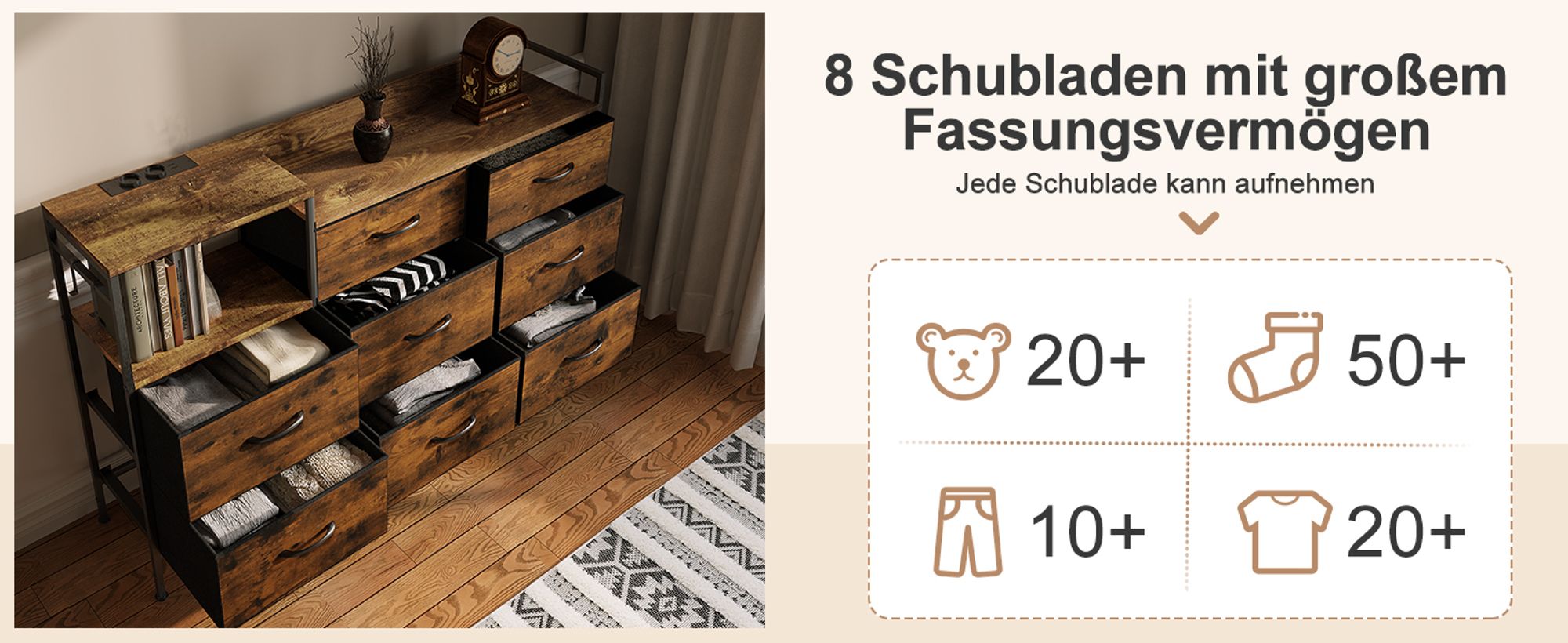 WOLTU Kommode mit 8 Schubladen Steckdosen, Metallrahmen Holzwerkstoff, Vintagebraun
