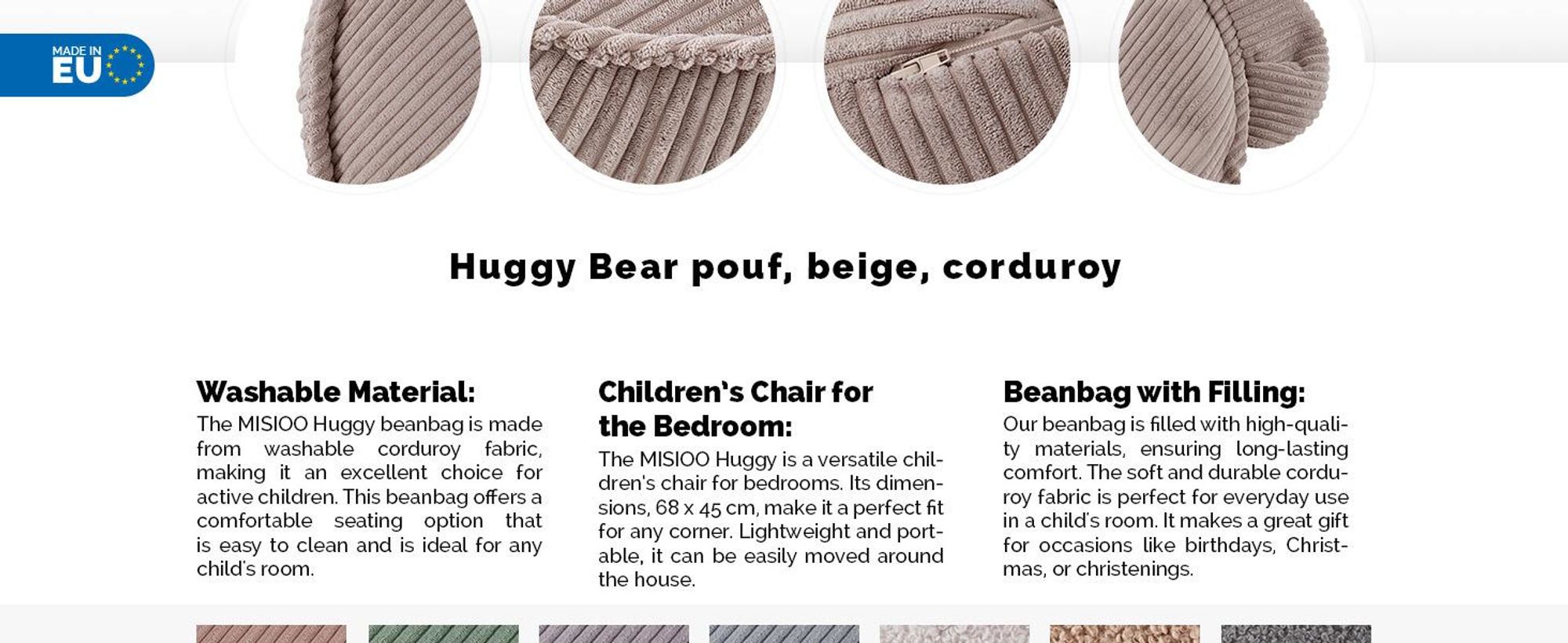 MISIOO Beanbag Kids - Veľký vrece Bean Bag - Umývateľný - - Pevná a mäkká konštrukcia - Manšestrový materiál - 68x45 cm - Béžová