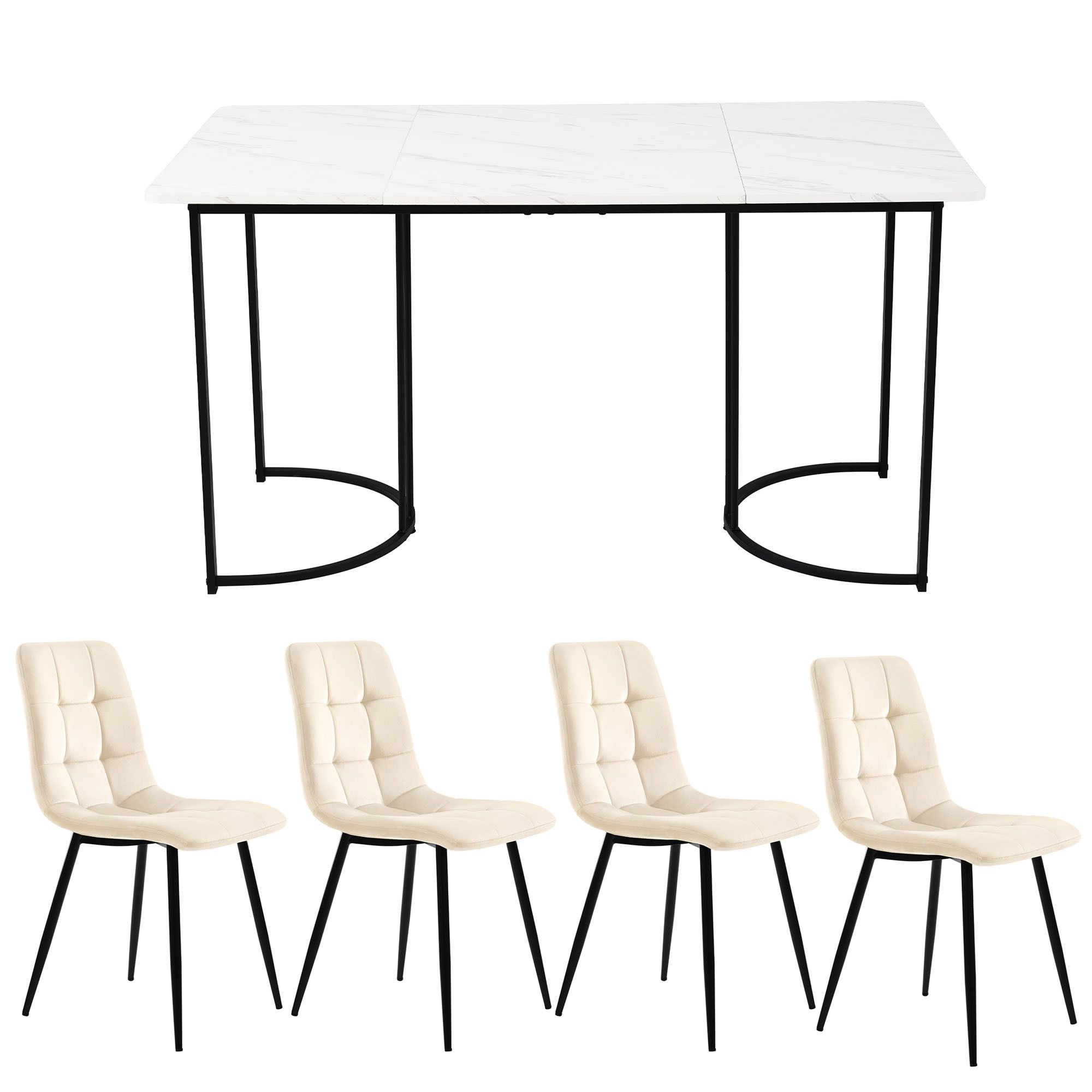 Flieks Essgruppe Esstisch mit 4 Esszimmerstuhl, Sitzgruppe Küchentischset 5tlg., Küchentisch mit 4 Esszimmerstuhl, Stuhl mit Samtbezug, Beige Schwarz