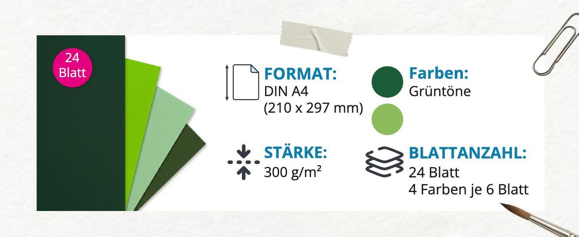 itenga Fotokarton - A4 300 g/qm 24 Blatt - Grüntöne - 4 Farben je 6 Blatt