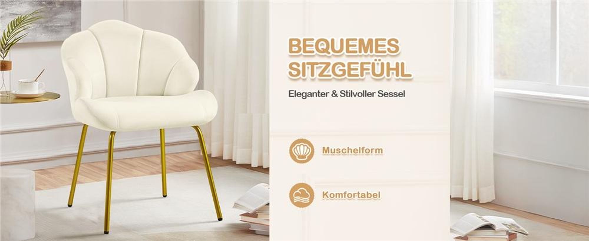 Yaheetech Esszimmerstuhl Polsterstuhl in Muschelform, Schminktisch Stuhl mit Metallbeinen, Wohnzimmer/Schlafzimmer, Beige