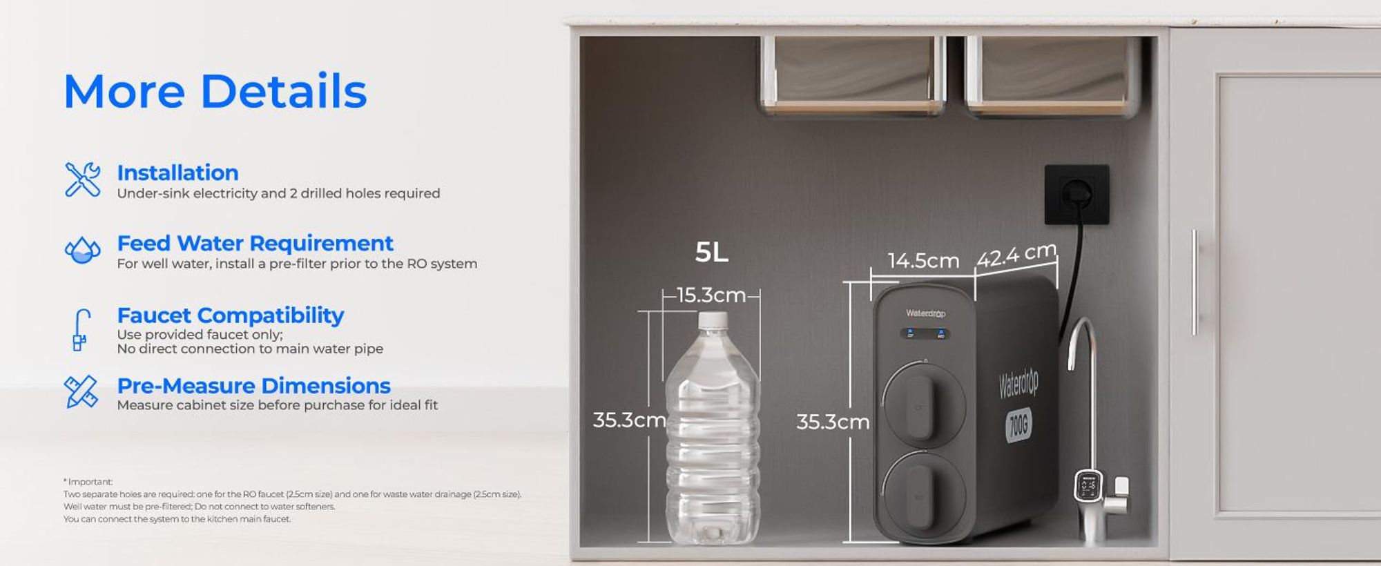 Waterdrop G5P700A Alkalischer Mineral-pH+ Umkehrosmose-Wasserfilter, 700G Umkehrosmosesystem, 8-Stufige RO-Wasserfiltersystem, 2:1 Pure to Drain