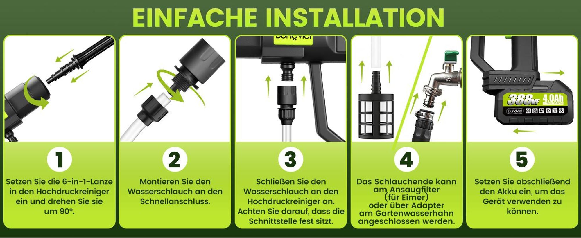 Akku Hochdruckreiniger 100 Bar, Druckreiniger Akku Wasserauslass 5L/min, 2 x 4000mAh Akkus, 6-in-1 Düse, 5M Schlauch für Garten,  Auto, Bewässerung