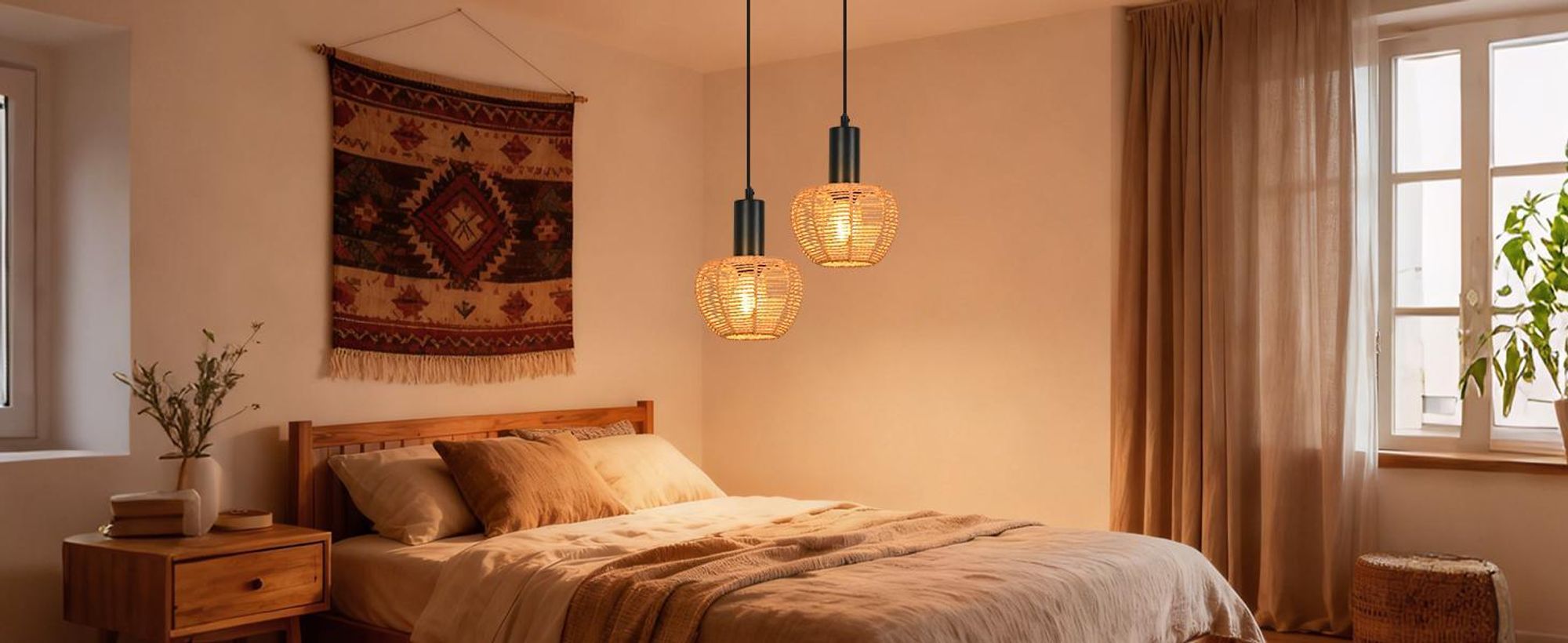 ZMH Hängelampe Boho Pendelleuchte Rattan 1 Flammig Esstischlampe Geflochten Hängeleuchte Lampenschirm Pendellampe für Schlafzimmer/Ohne Leuchtmittel