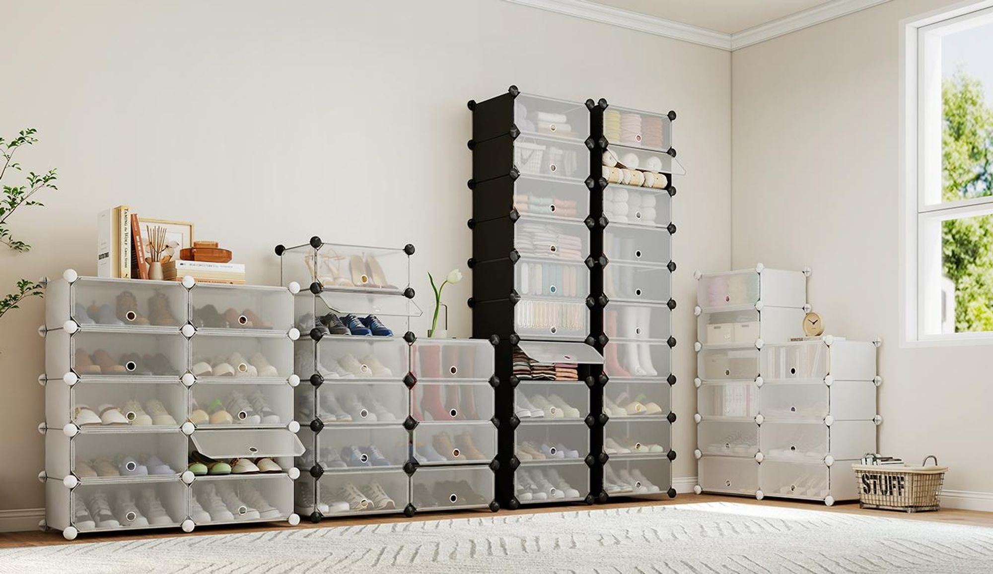 Sekey Schuhregal Schmal Schuhschrank mit 10 Fächern 1-tlg mit Tür, DIY Kunststoff Schuhaufbewahrung , Weiß