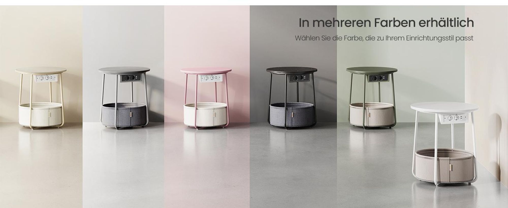 Runder Beistelltisch, kleiner Couchtisch, mit Korb aus Stoff, modern, beige-weiß