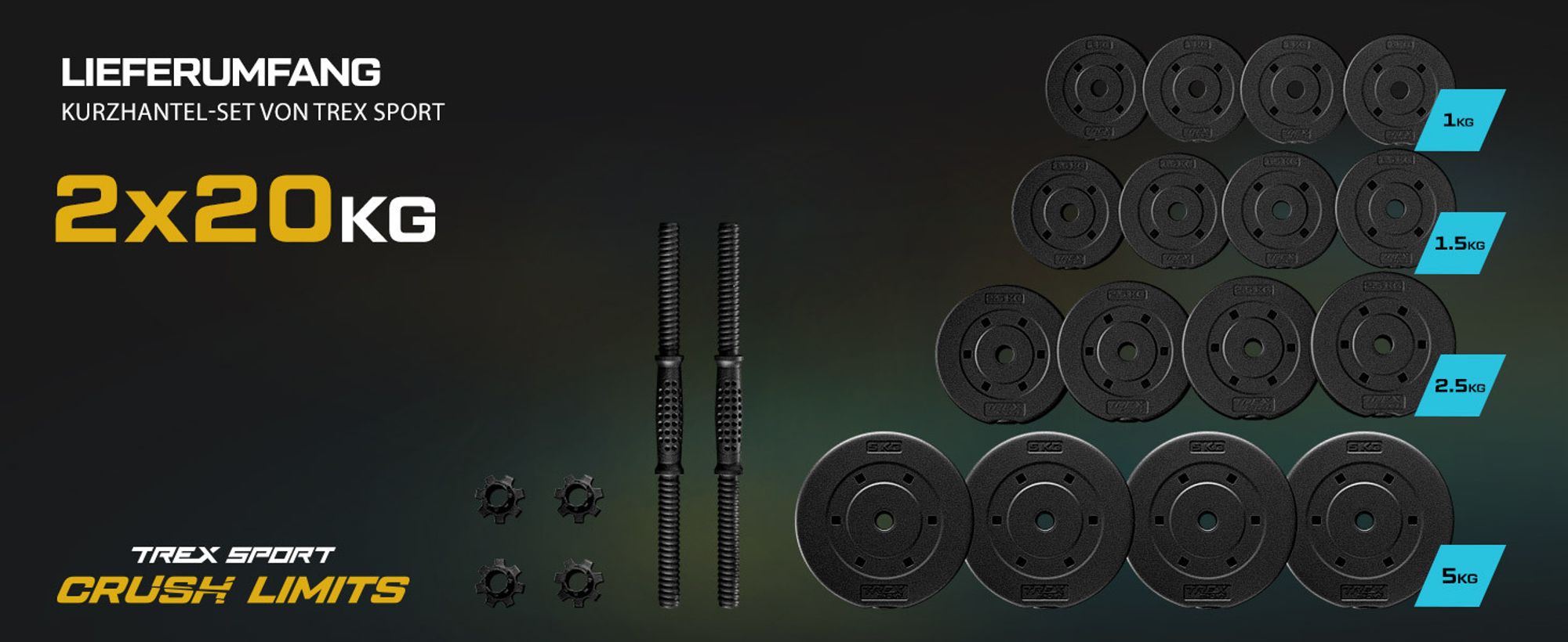 TREX SPORT Hantelset Kurzhanteln verstellbar 2er Set 2x20kg | 40kg Kurzhantel Set, Dumbbell Hanteln Set mit rutschfestem Griff & Kunststoff-Scheiben