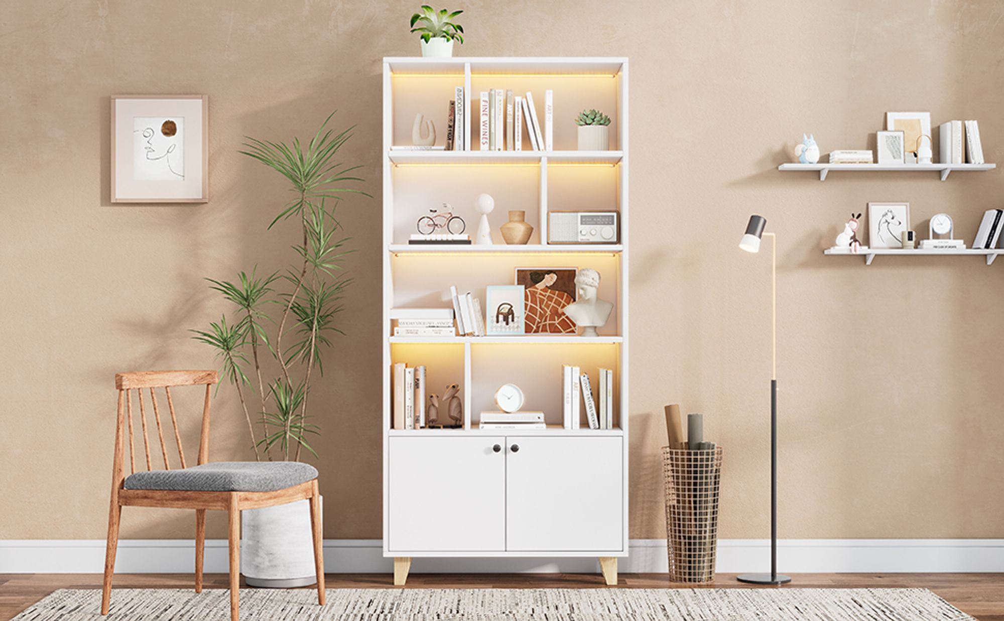 Flieks Bücherregal mit 4 Ebenen, 80x30x173 cm, Holzregal mit LED-Licht und Fernbedienung, Standregal mit Lagerschrank, weiß