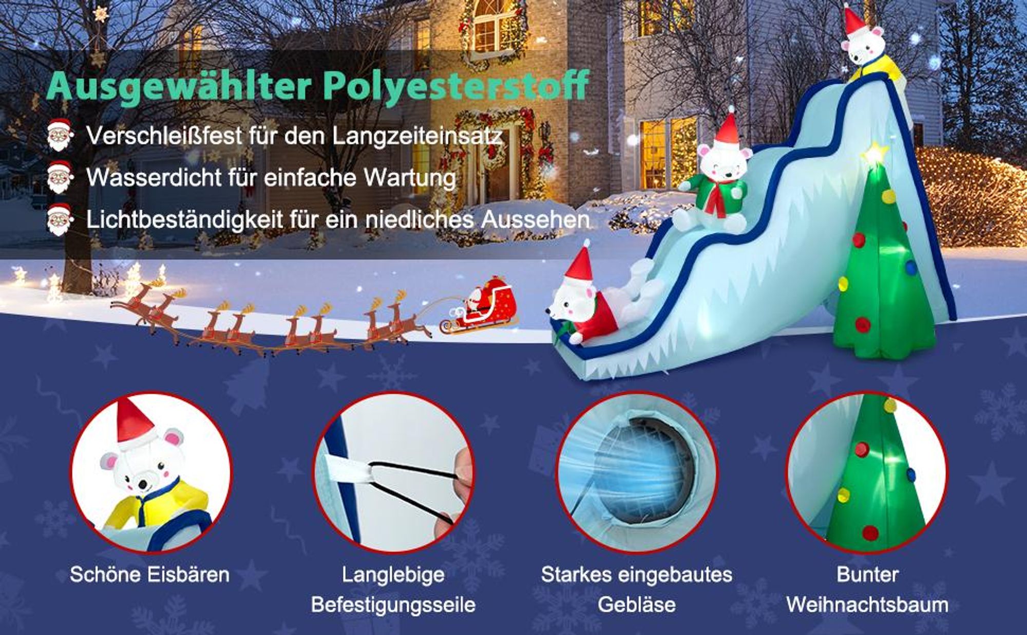 COSTWAY 220cm Aufblasbare Weihnachtsrutsche LED, beleuchtete  Weihnachtsdekoration mit Gebläse, Schneerutsche, Weihnachtsbaum & 3 Eisbären