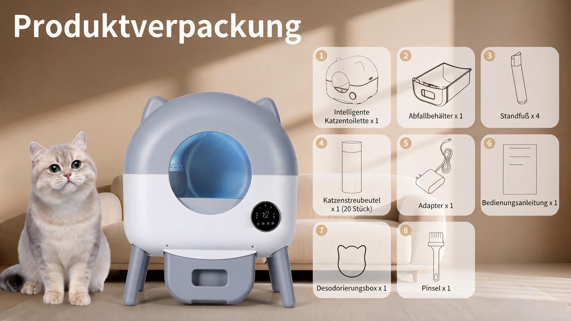 Selbstreinigende Katzentoilette 76L XXL Katzenklo mit App-Steuerung, für mehrere Katzen, 8-fach Anti-Klemm-Sensoren, geruchsarm, leise, LED-Nachtlicht