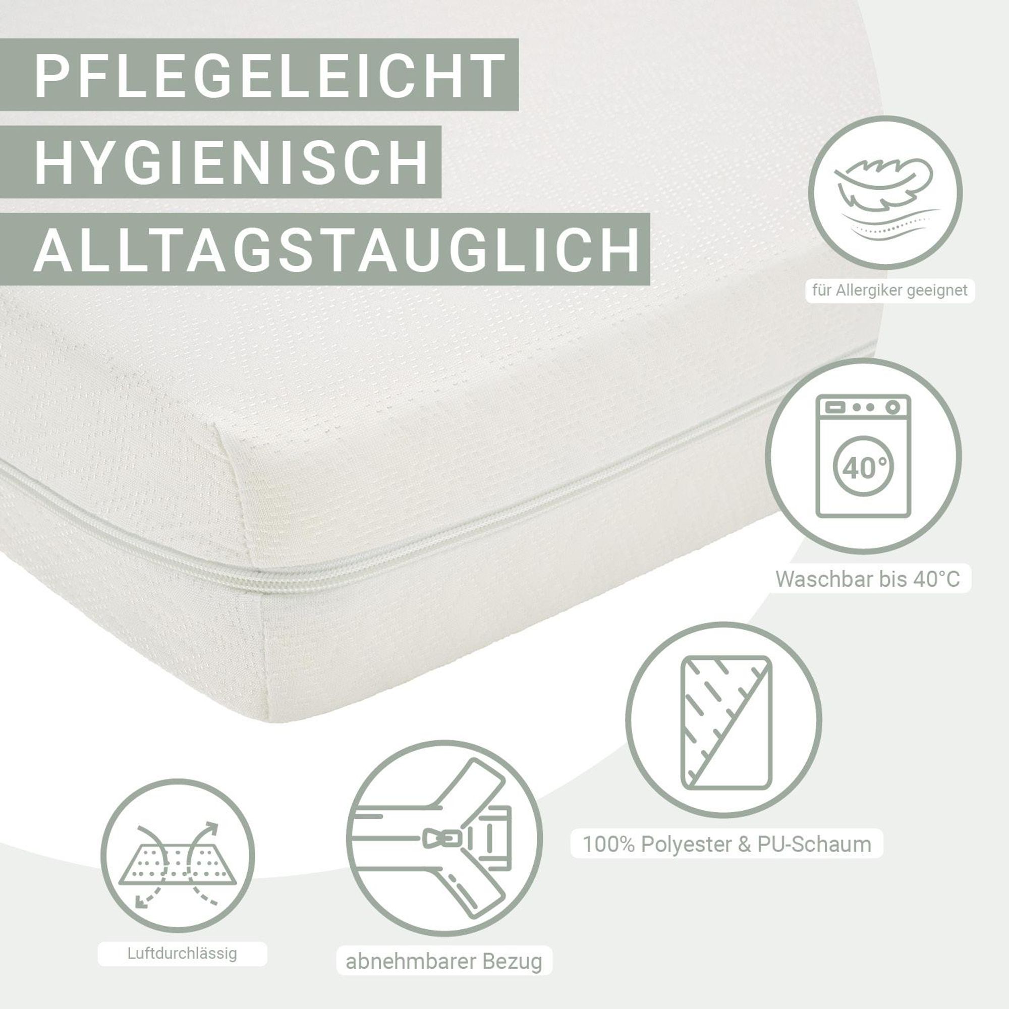 Die Matratze ist für Allergiker geeignet und sie ist waschbar bei 40 Grad.