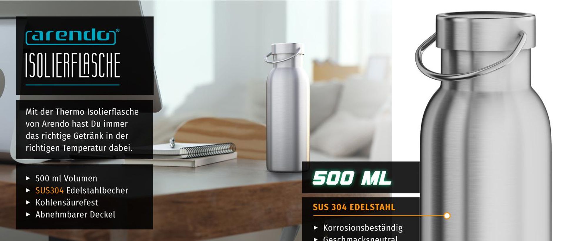 Arendo Edelstahl-Trinkflasche 500 ml, Vakuum-isoliert, 24h kalt & 12h warm, kohlensäurefest, BPA-frei, auslaufsicher, spülmaschinengeeignet, mit Griff