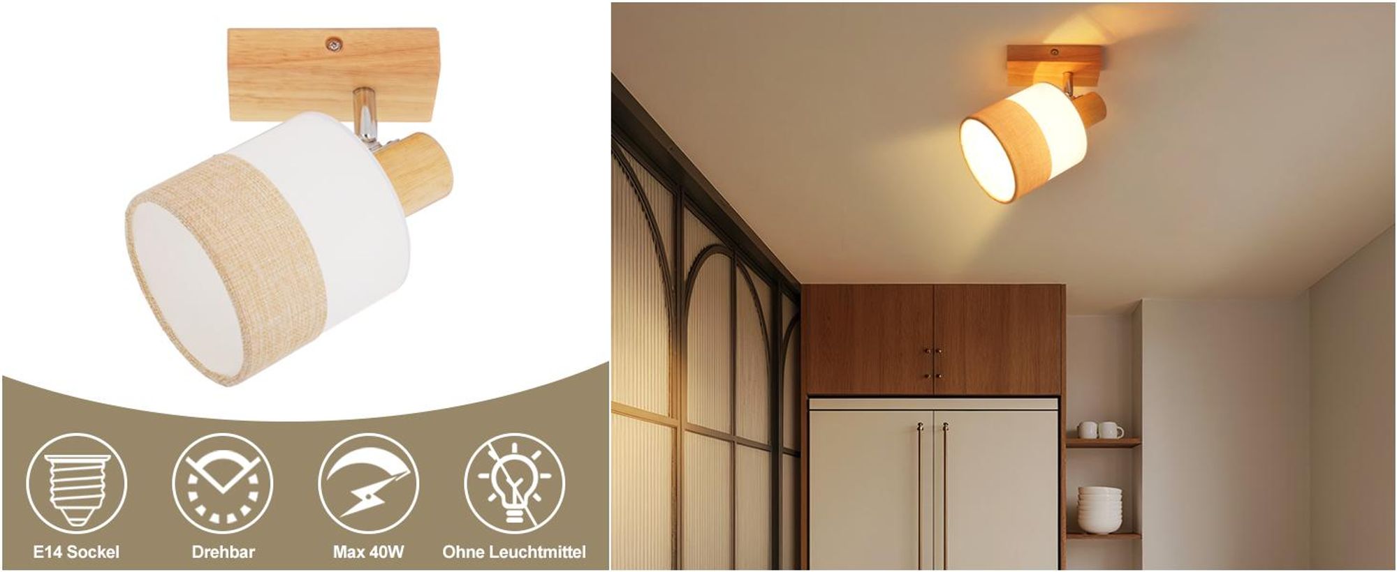 ZMH LED Deckenstrahler 1 Flammig Flurlampe,Deckenleuchte Holz ,Deckenlampe E14 Vintage ,Schwenkbar 350° Deckenspot ,Wandstrahler, Ohne Leuchtmittel