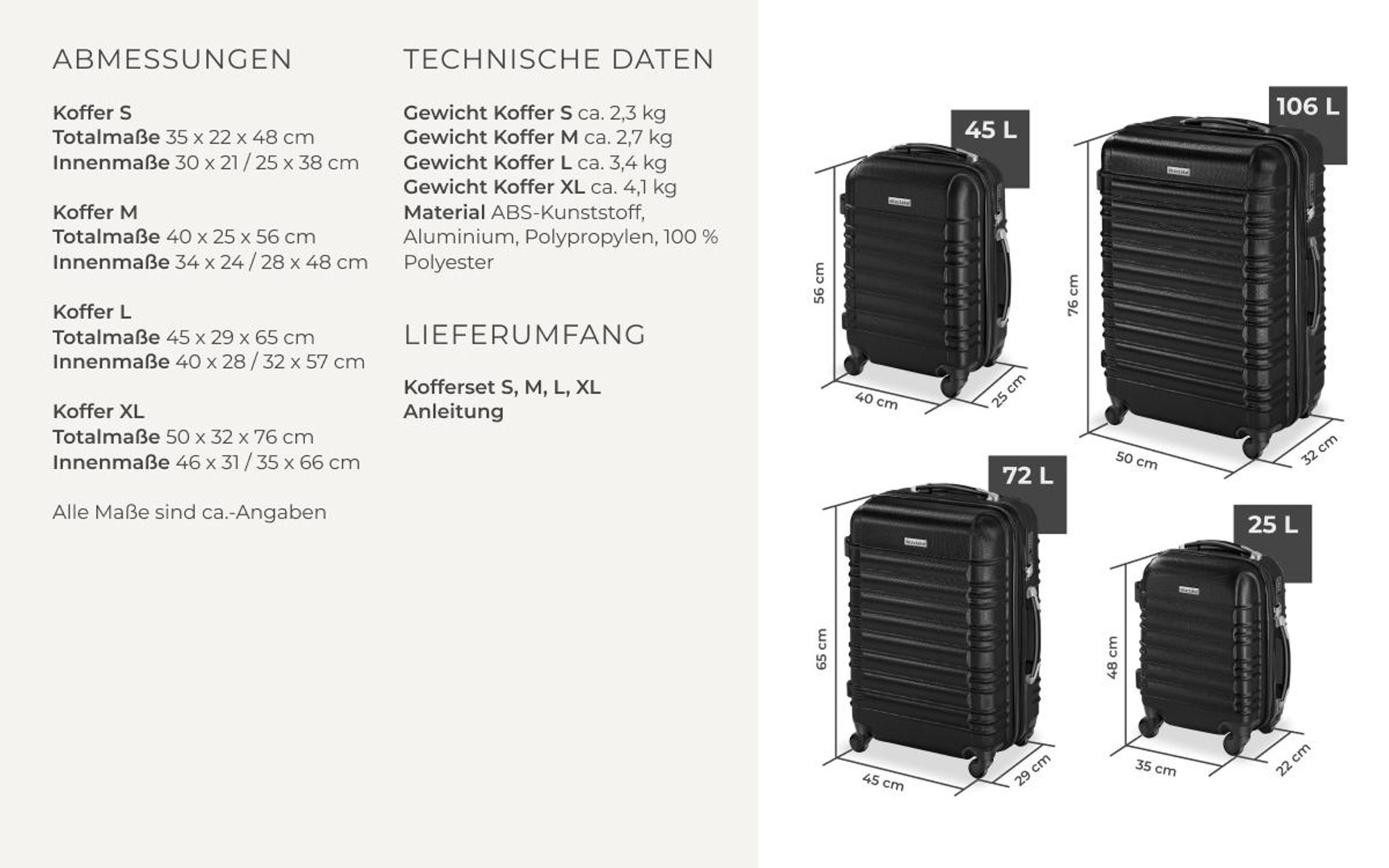 tectake® Hartschalenkoffer-Set 4-teilig, aus robustem ABS-Kunststoff