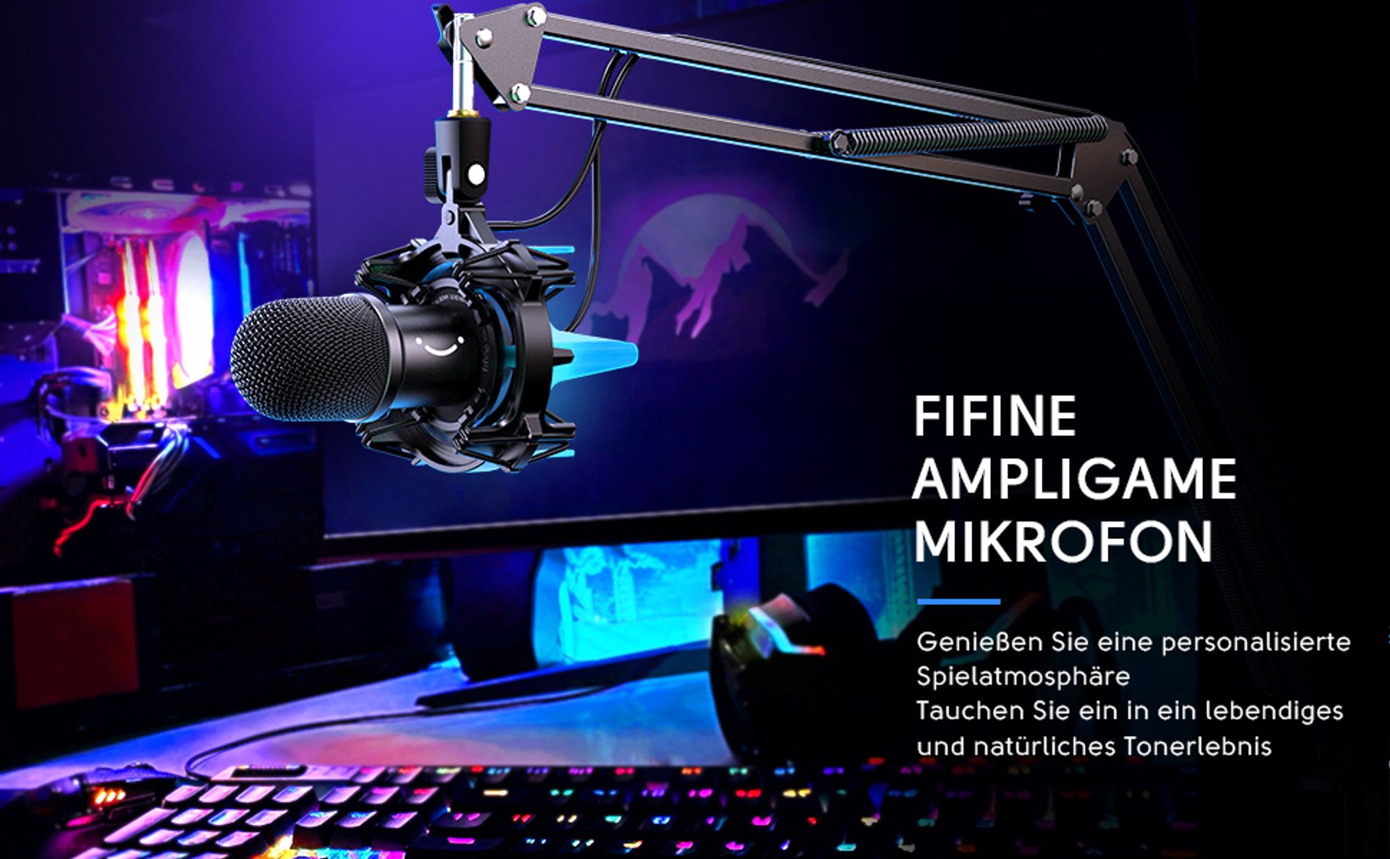 FIFINE Gaming Mikrofon PC mit Arm, Dynamisches USB Microphone für MAC PS4 PS5