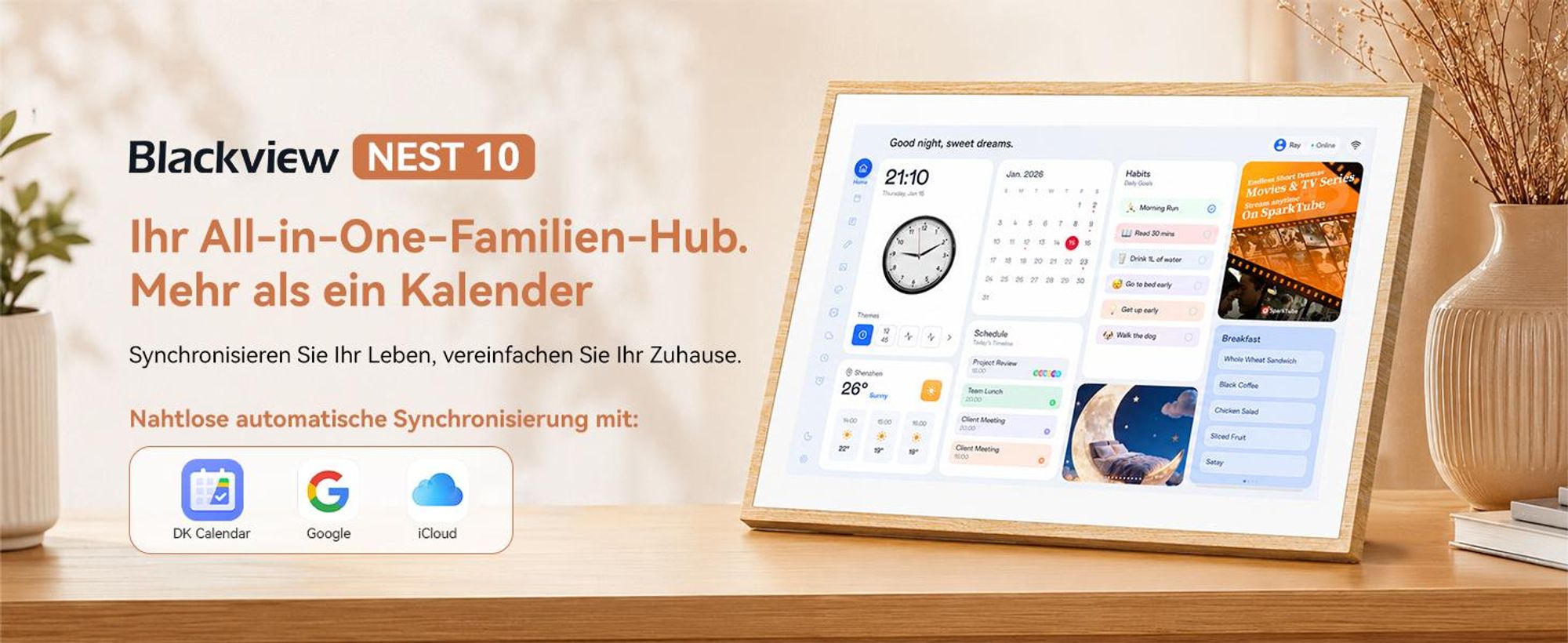 2026 NEU! Blackview NEST 10, 10,1" Digitaler Kalender und Bilderrahmen mit Touch, WIFI, 1280x800, 16:10, Foto-Sharing, Kindersicherung, Holzdesign