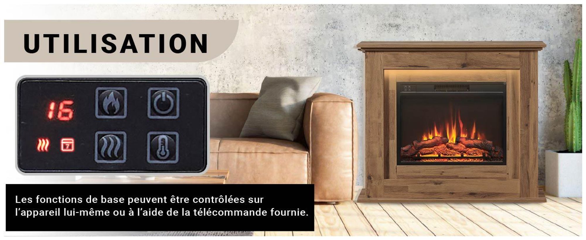 Cheminée électrique sur pied BALDERIA Finn – Puissance de chauffage jusqu'à 2 000 W, chêne foncé