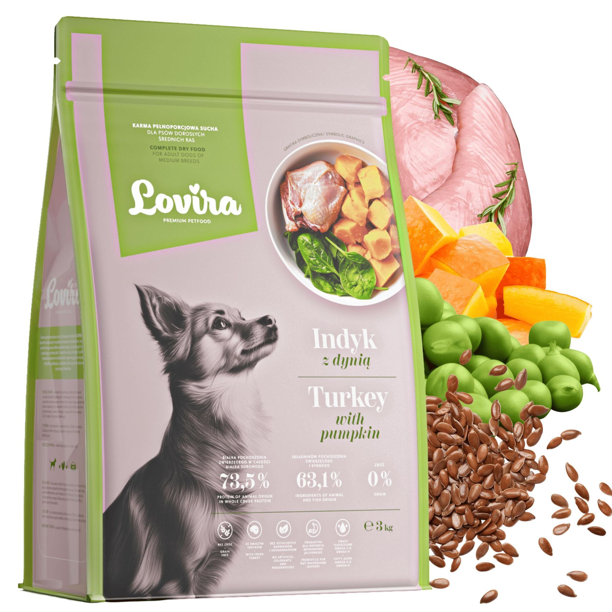 Pełnoporcjowa Karma Sucha Dla Psów Dorosłych LOVIRA Indyk Z Dynią 3kg