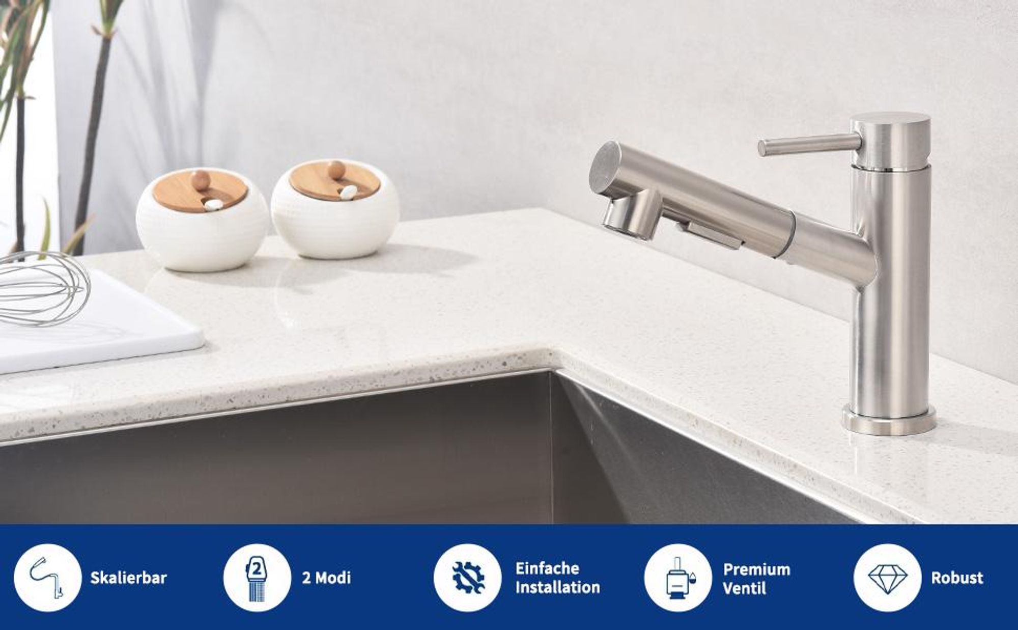 HOMELODY Wasserhahn Küche/Bad Gebürsteter Oberfläche Ausziehbar, Küchenarmatur mit Brause Zwei Wasserstrahlarten, Armatur Küche Spültischarmatur