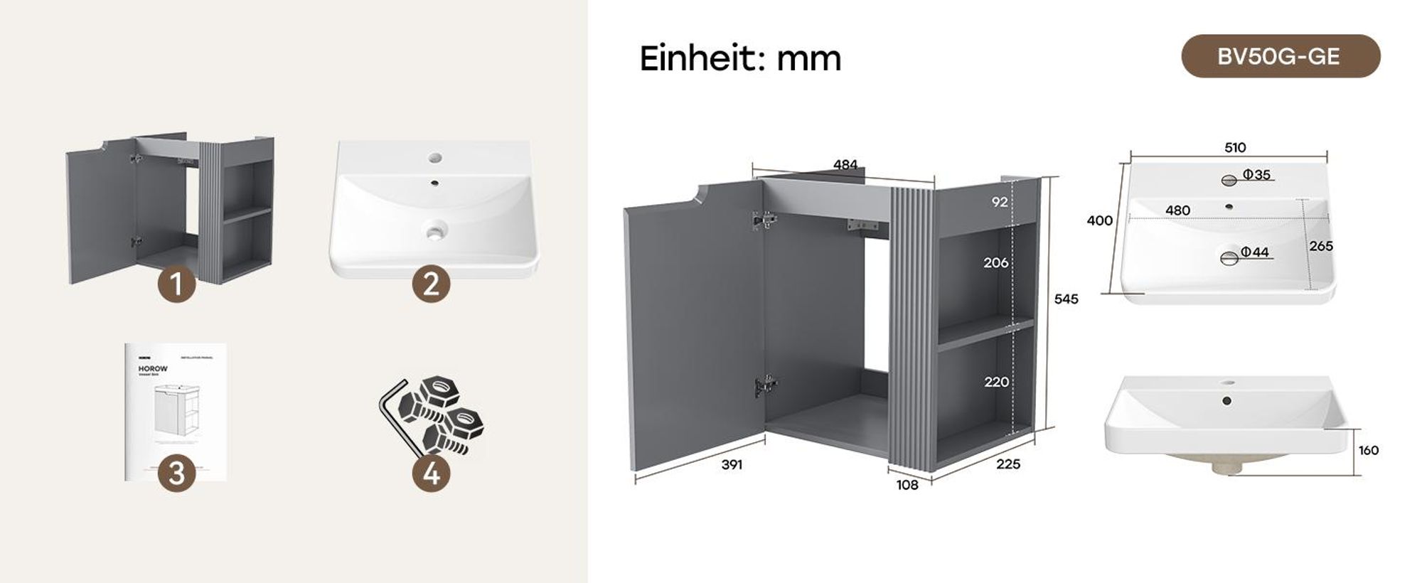 HOROW 51 cm Waschtisch inkl. Waschbecken, Waschbecken mit Unterschrank, 2-teilig Badmöbel Set, Grau Badmöbel mit Waschbecken, Vormontiert geliefert