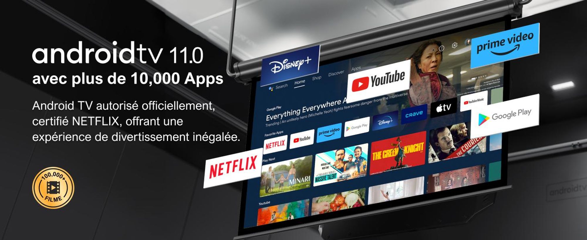 ULTIMEA Beamer Android TV 11.0 avec NETFLIX, 4K Home Cinema Beamer support 1000 ANSI-Lumen, Dolby Audio, Poseidon E40 Smart Series