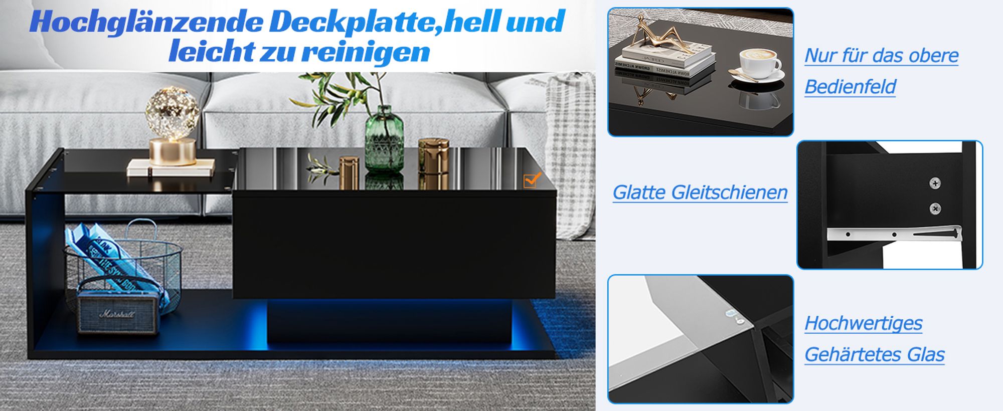 MODFU Couchtisch Wohnzimmertisch LED-Hochglanz für Wohnzimmer, Schlafzimmer, Beistelltisch Rechteckiger mit Glasplatte und Schubladen, Schwarz