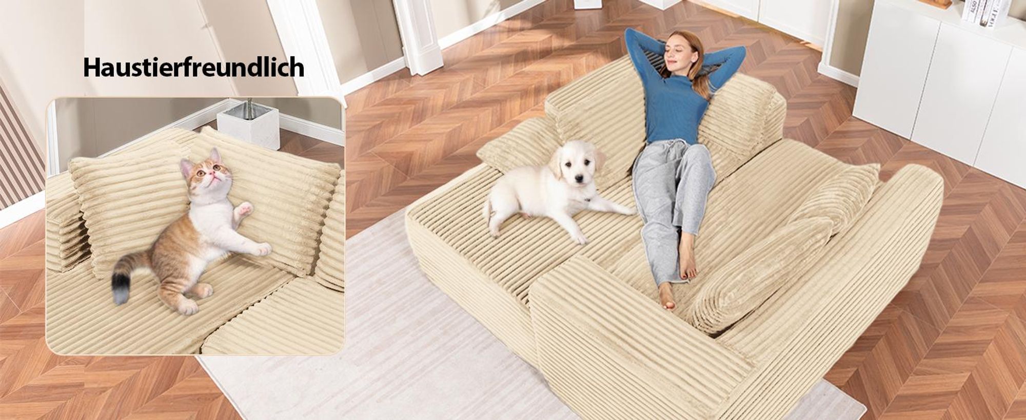 COMHOMASofa Big-Sofa, L-förmige Sofa, Couch Ecksofa, Chaiselongue Schlafsofa mit tiefer Sitzfläche und breiten Armlehnen, Cordstoff, beige-R
