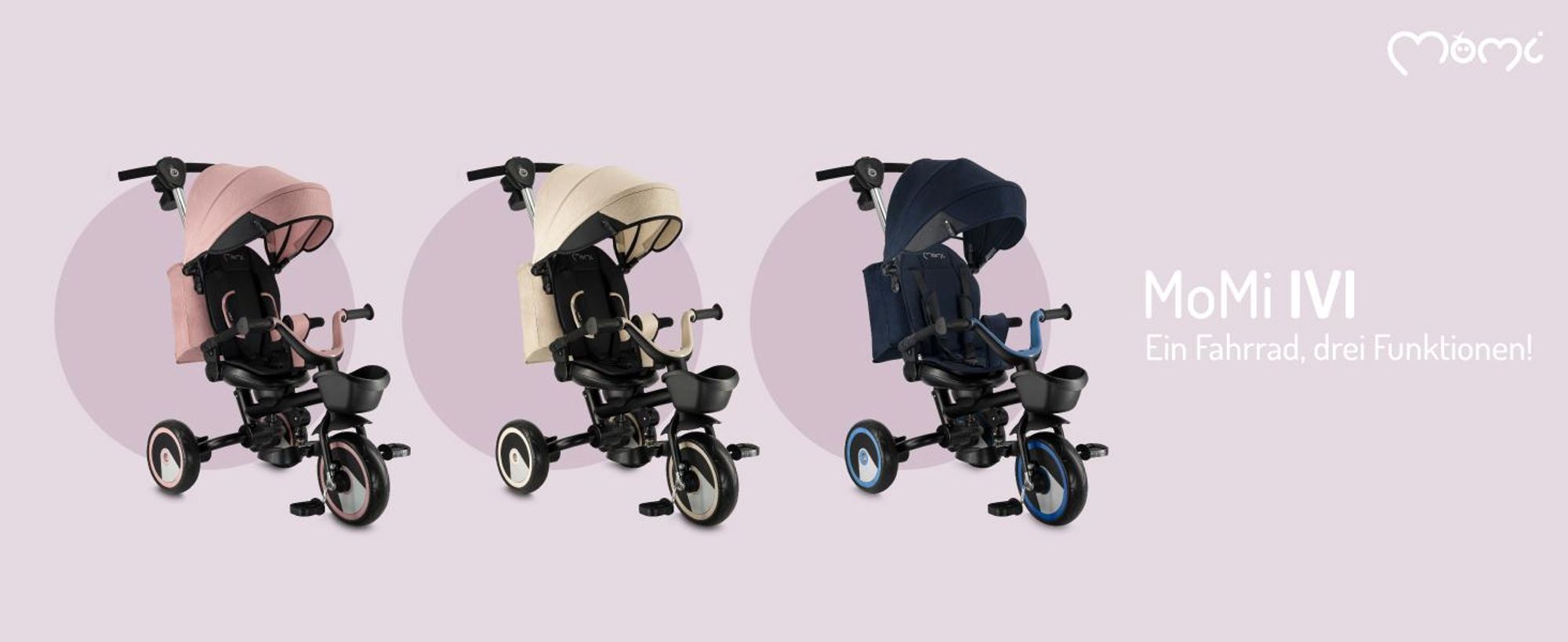 MoMi IVI Kinderdreirad 3-in-1 Rosa – 360° drehbarer Sitz, 3-Punkt-Gurt, höhenverstellbare Schiebestange, Sonnendach, PolyurethanRäder, Frontkorb – ab 9 Monaten