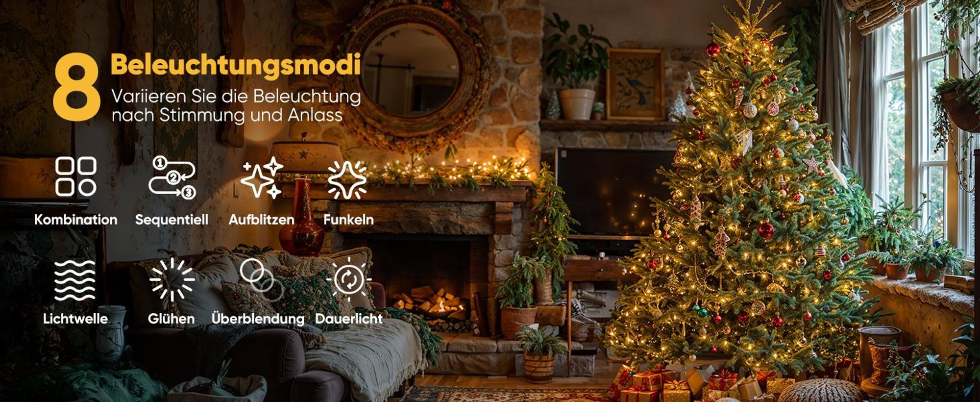 Lichterkette 30m 300 LED 8 Lichtmodi Wasserdicht Innen Weihnachten Hochzeit Party Garten Deko, Warmweiß