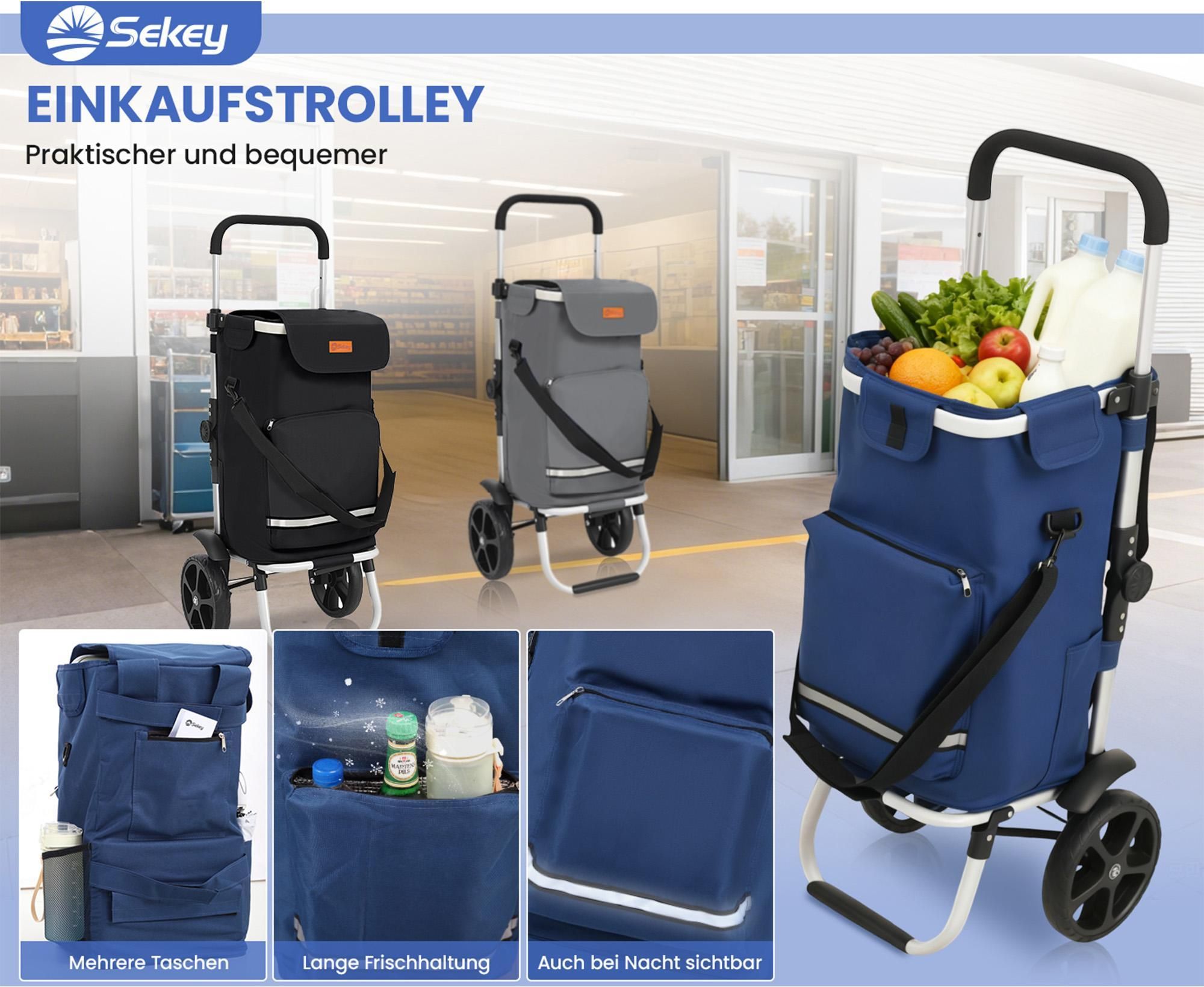 Sekey 3in1 Einkaufstrolley Klappbar Einkaufswagen mit Kühlfach, Spanngurt und höhenverstellbarem Griff, Blau