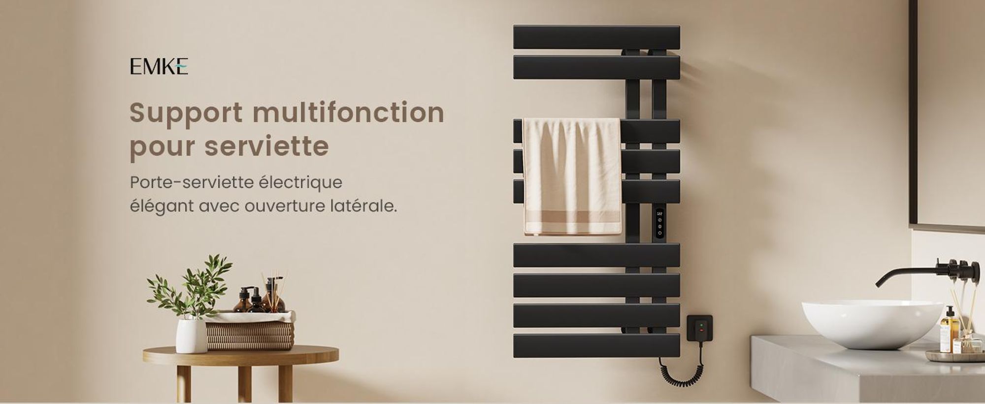 EMKE Sèche-serviettes électrique 1000X500mm 320W noir raccordement à droite, intelligent WiFi App, LCD tactile, Minuterie 1-9H, IPX5