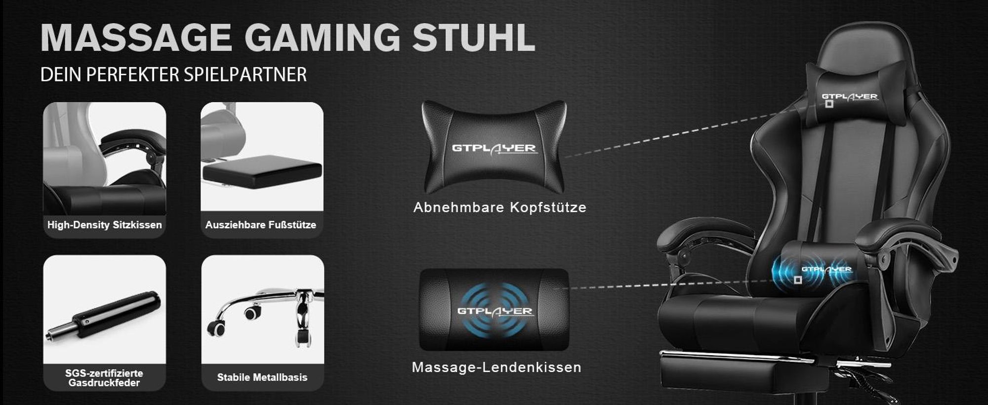 GTPLAYER Fotel biurowy Fotel do gier Fotel do gier z masażem Ergonomiczny fotel do gier z podnóżkiem, zagłówkiem i poduszką lędźwiową do masażu, tapicerowany fotel do gier, fotel obrotowy