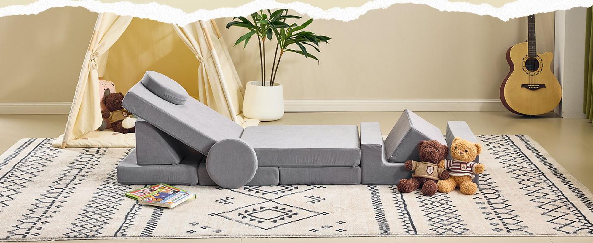 FCH Kindersofa, Multifunktionaler Spieltisch, Puzzle Sofa,12 in 1, Spielsofa,Kindersessel, für Kinder Spielzimmer, frei baubares, DIY, Kordsamt, Grau