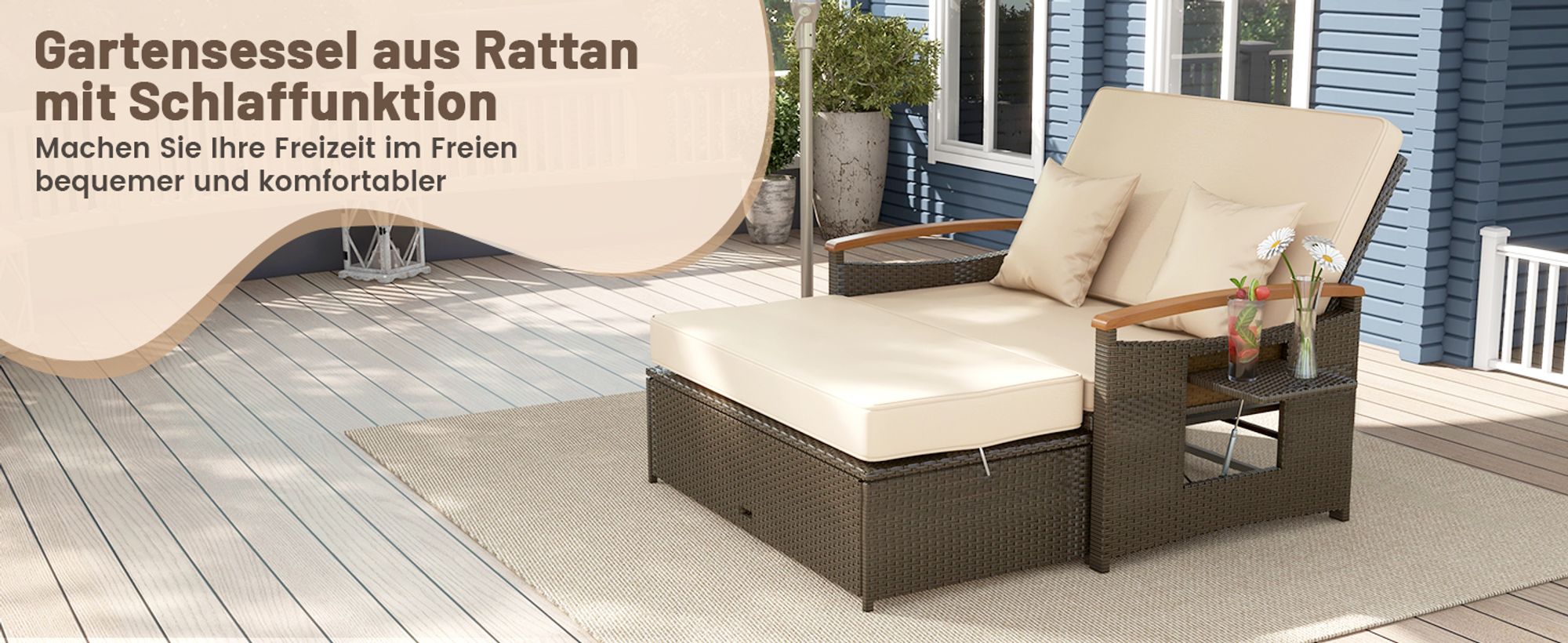Rattan Lounge Möbel Outdoor, Gartenlounge 2 Sitzer mit Liegefunktion, Gartensofa-Set mit Hocker, Doppelliege mit Stauraum