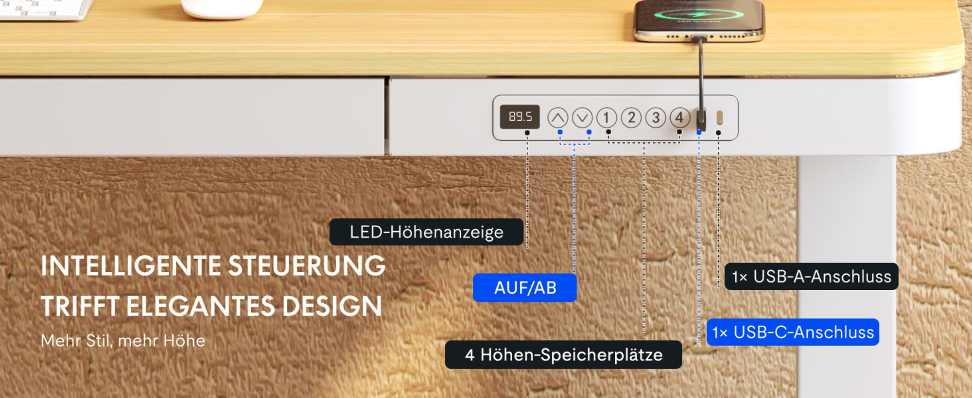 FlexiSpot Q3 Elektrisch Höhenverstellbarer Schreibtisch 140x70cm, mit USB, Schublade, LED-Display, 4 Speicherplätzen & Antikollisionsschutz, Ahorn