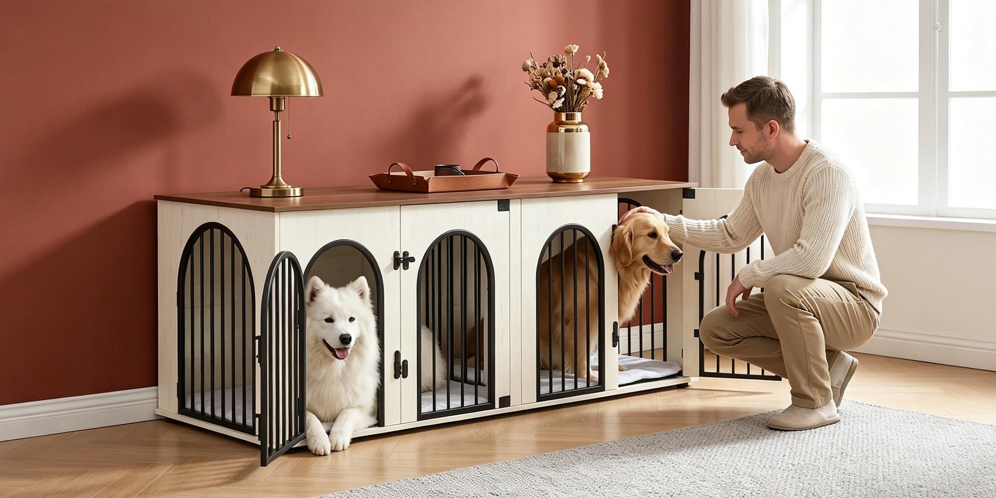 180 cm Hundekäfig Möbel für 2 Hunde, Hundebox Kissen, Weiß Braun | Doppel-Hundebox aus Holz mit Trennwand, Hundekäfig-Beistelltisch