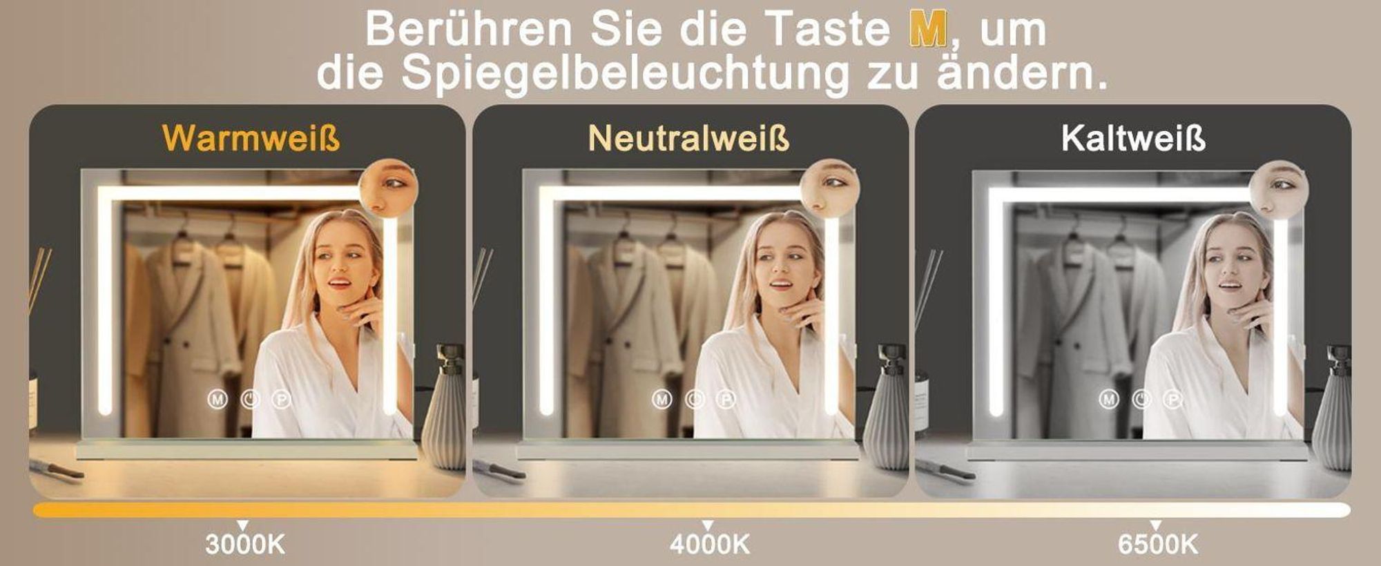 ZMH Specchio cosmetico con illuminazione 58 x 46 cm Specchio da toeletta con luce Touch LED dimmerabile 3 modalità di illuminazione colorata Specchio con ingrandimento 5x per camera da letto