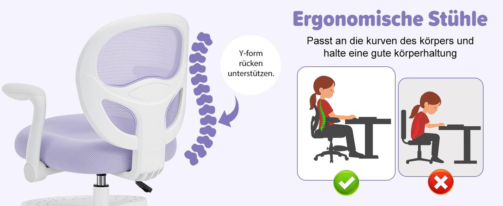 HOFFREE | Kinder Schreibtischstuhl Ergonomischer Kinderdrehstuhl | Fußablage | Höhenverstellbar | klappbaren Armlehnen | Lila